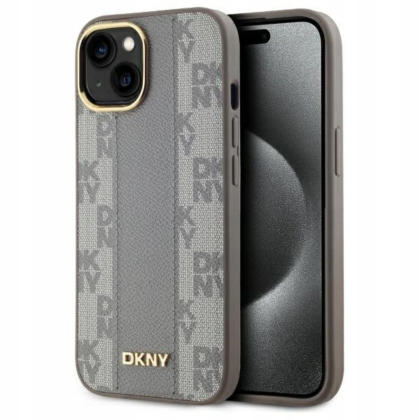 Kožený Pouzdro Dkny MagSafe s monochromatickým kostkovaným vzorem pro iPhone 15 Plus – béžový
