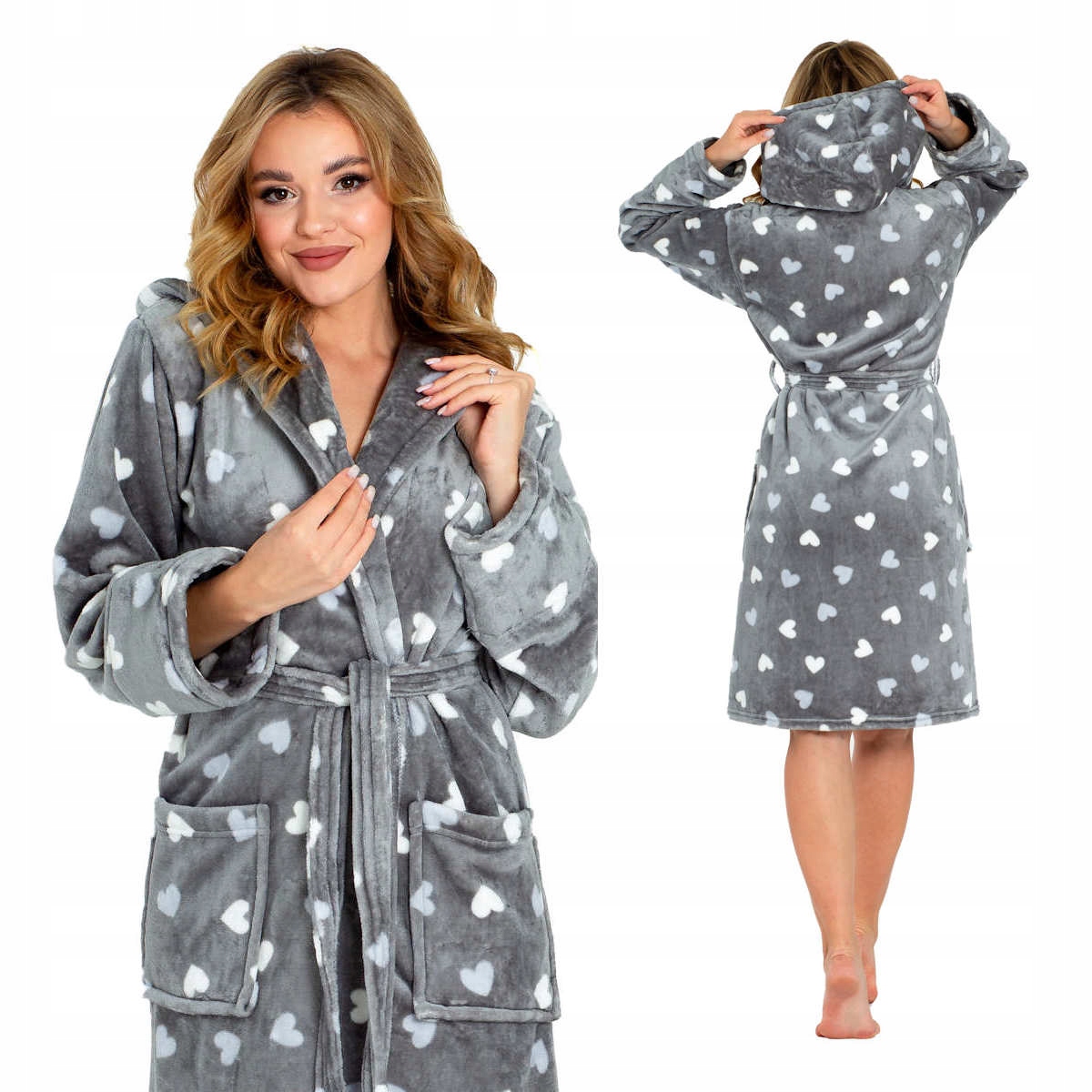 

Pluszowy szlafrok z kapturem w serduszka L/XL A4 s