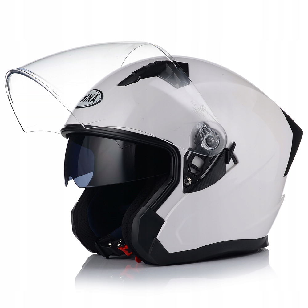 OTWARTY KASK MOTOCYKLOWY BIAŁY POŁYSK SKUTER CHOPPER + BLENDA + INTERKOM Producent Awina