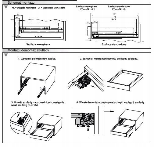 Prowadnice dolnego montażu push to open CB50TS 450 Wysokość 1 mm