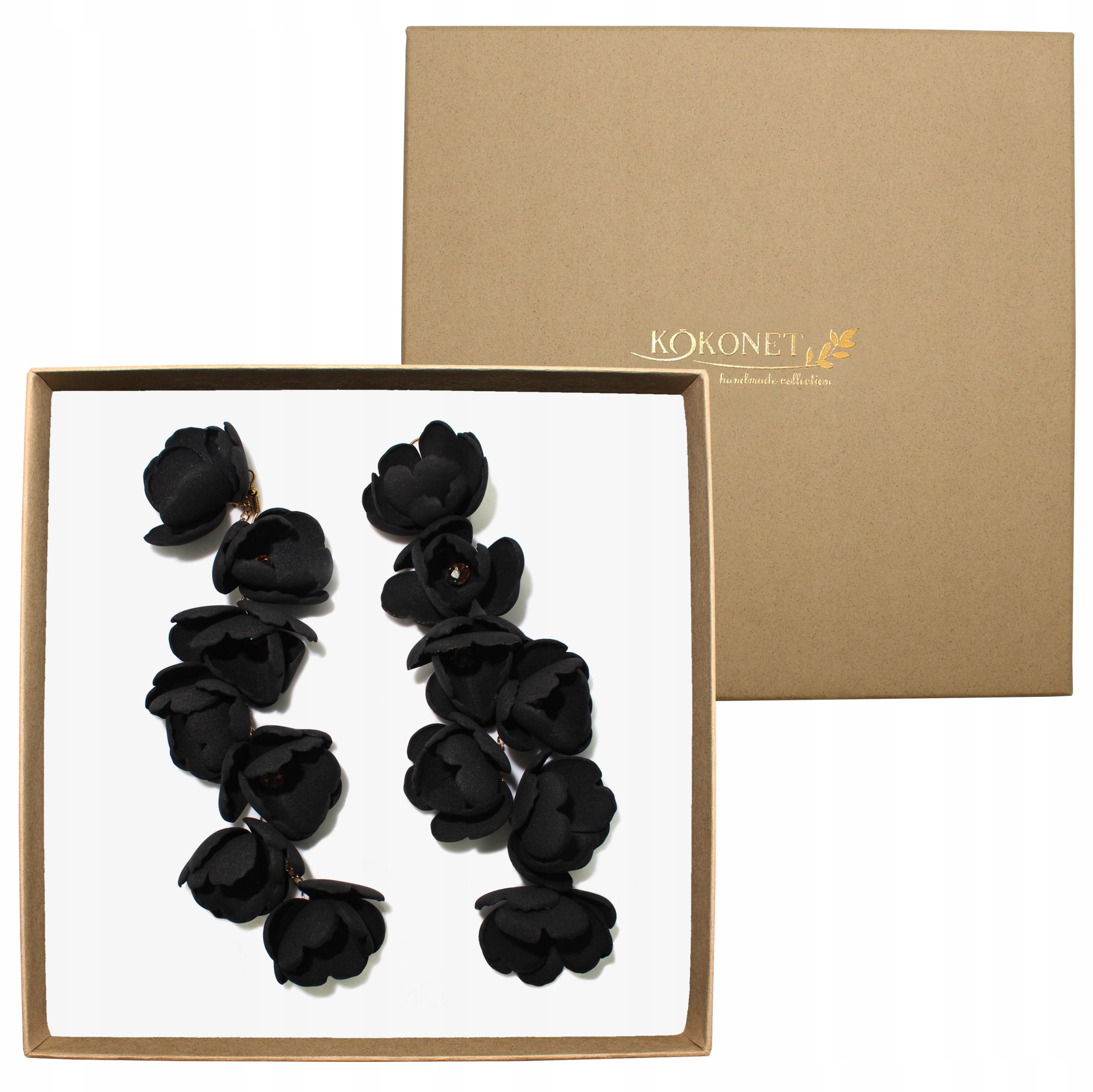 Náušnice černé květy s listy Dlouhé Visí lehké