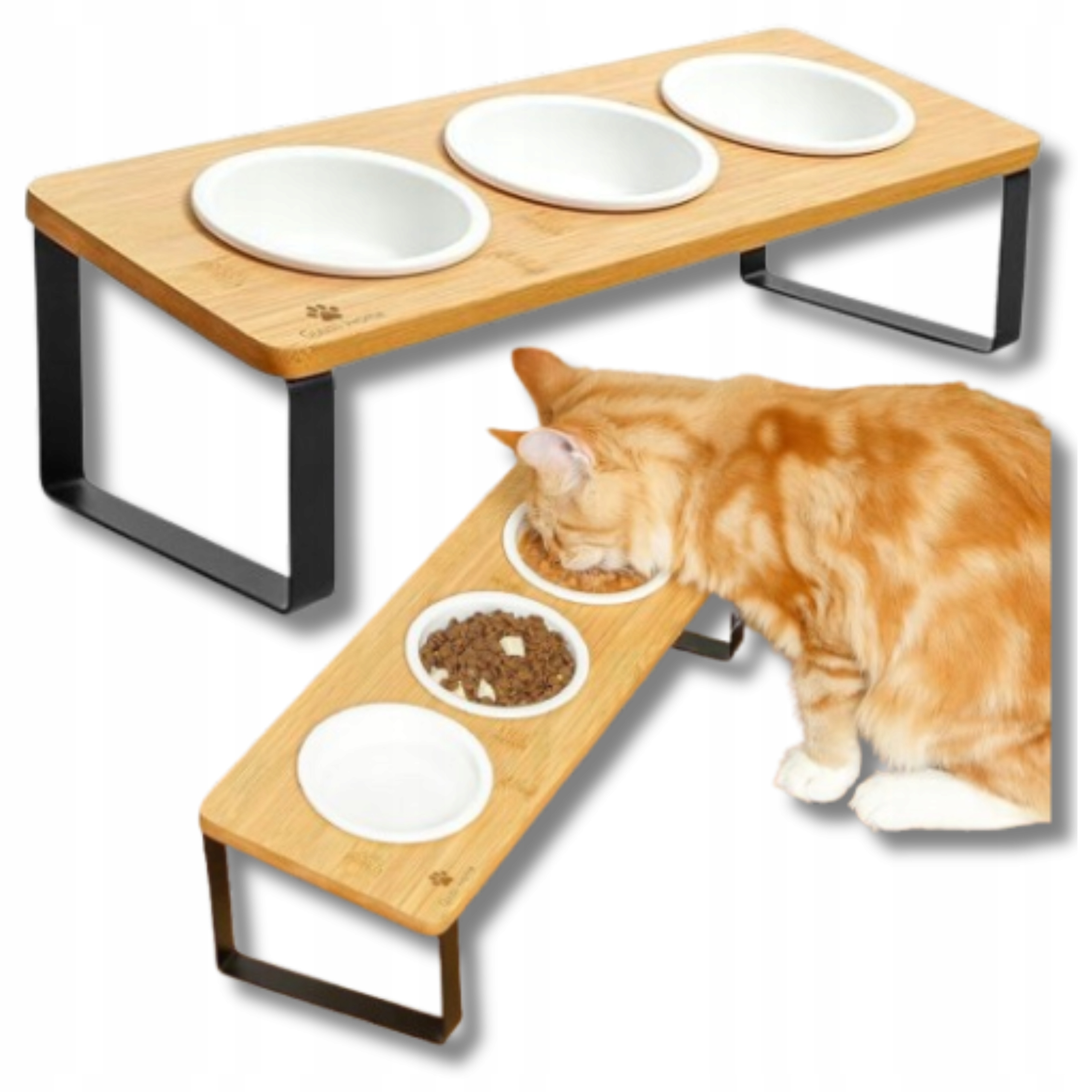 Stojan s miskami Pro Kočky 3x Keramická miska Bílá 200 ml Bambusová