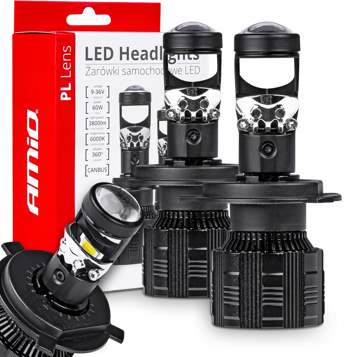 Led Žiarovky H4 Amio Pl Lens Šošovka 6000K 3800LM Canbus E9 R10