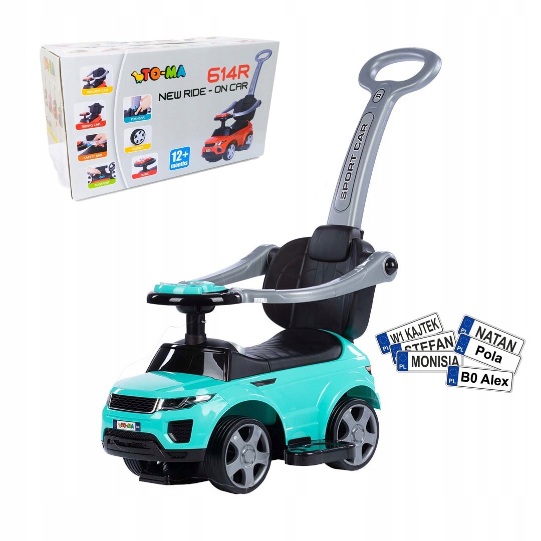 

Jeździk gumowe koła rączka dźwięki barierka turkus