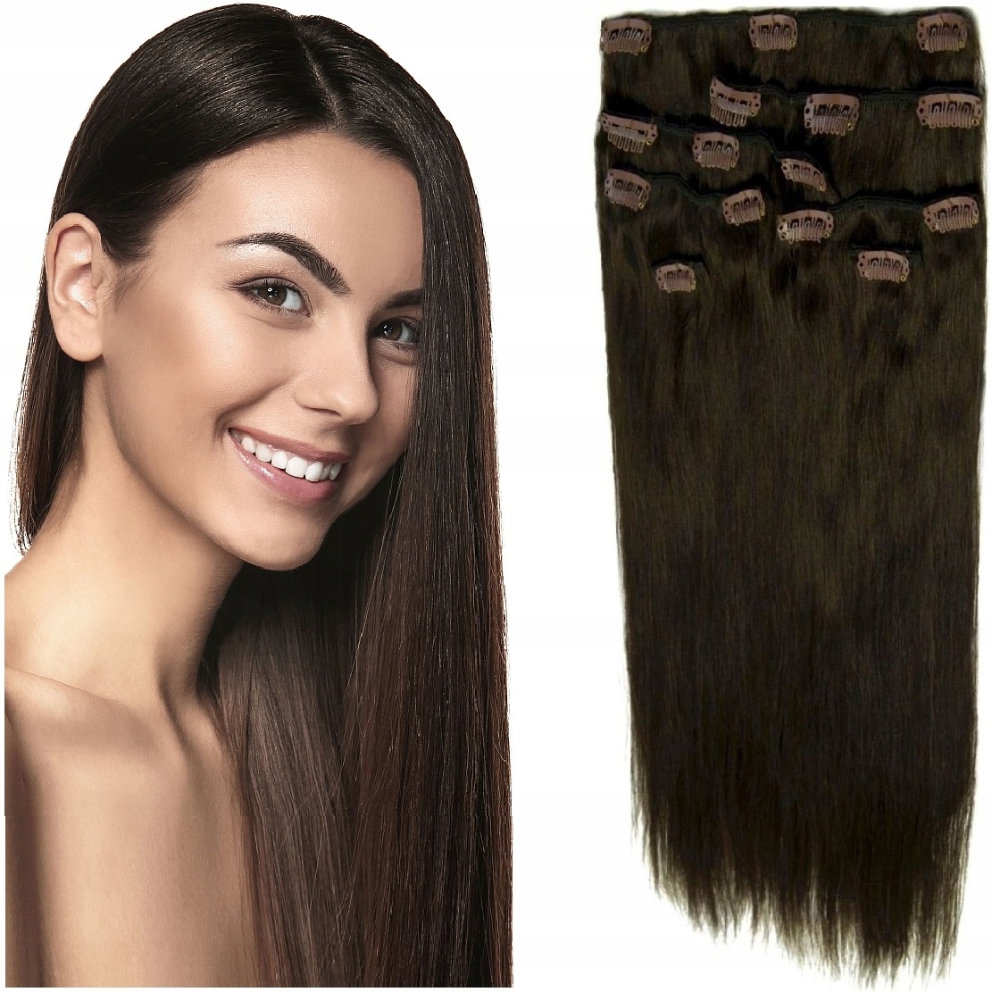 Připínací Vlasy Clip-in Extra Dlouhé Sada Sponek 60 CM tmavě hnědá 2