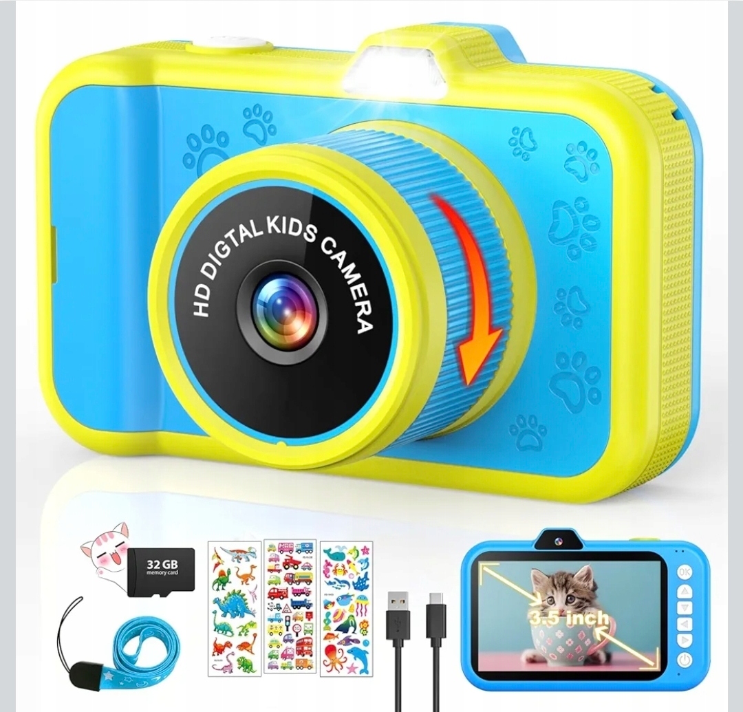 Okamžitý fotoaparát pro dítě s otočným pouzdrem. Paměťová karta 32 Gb