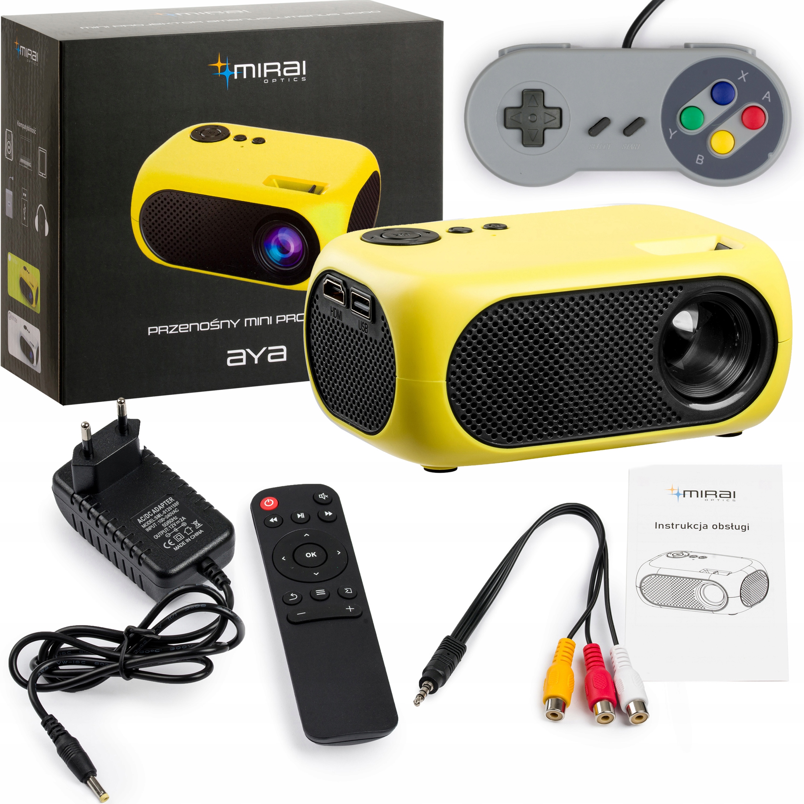 RZUTNIK MINI PROJEKTOR PRZENOŚNY FHD 120" DUŻA JASNOŚĆ OBRAZU+KONSOLA ŻÓŁTY EAN (GTIN) 5905068110447