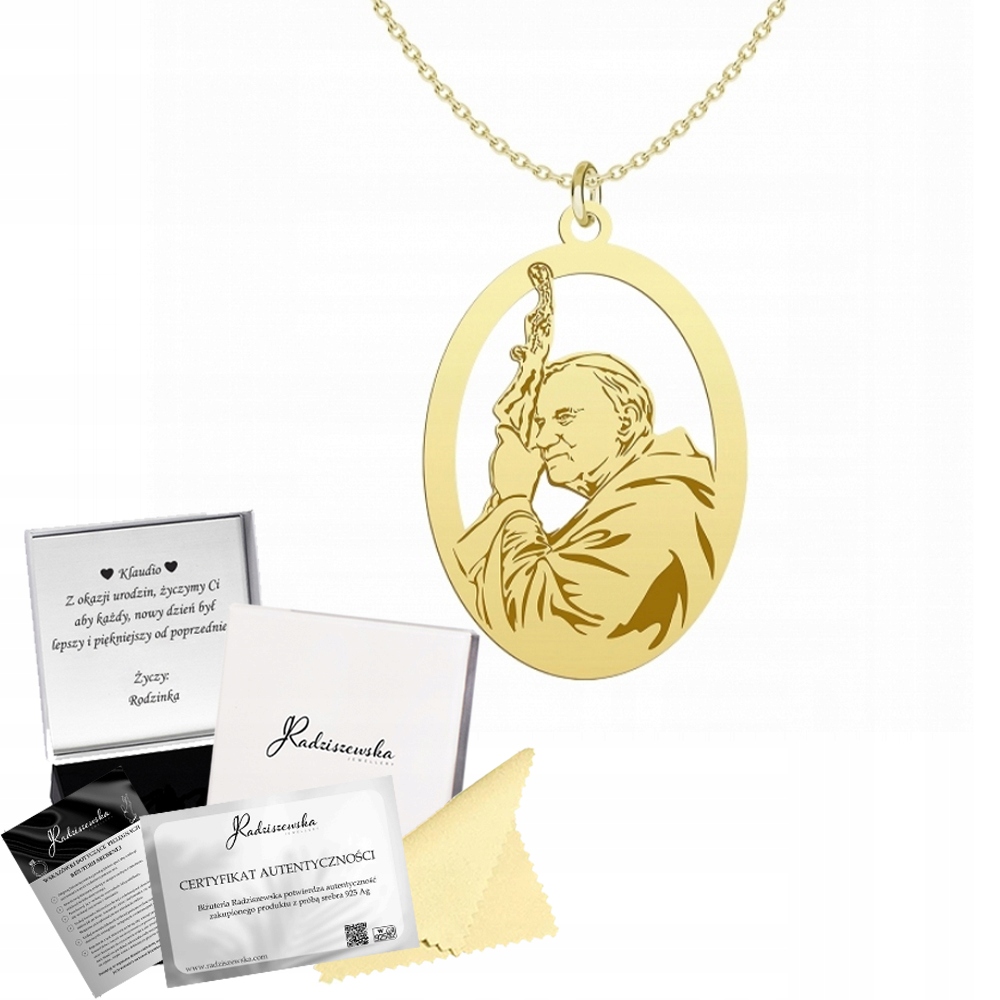 Zlatý náhrdelník Jan Pavel II Řetízek 925 Dárek Šperky Gravírování Bonus