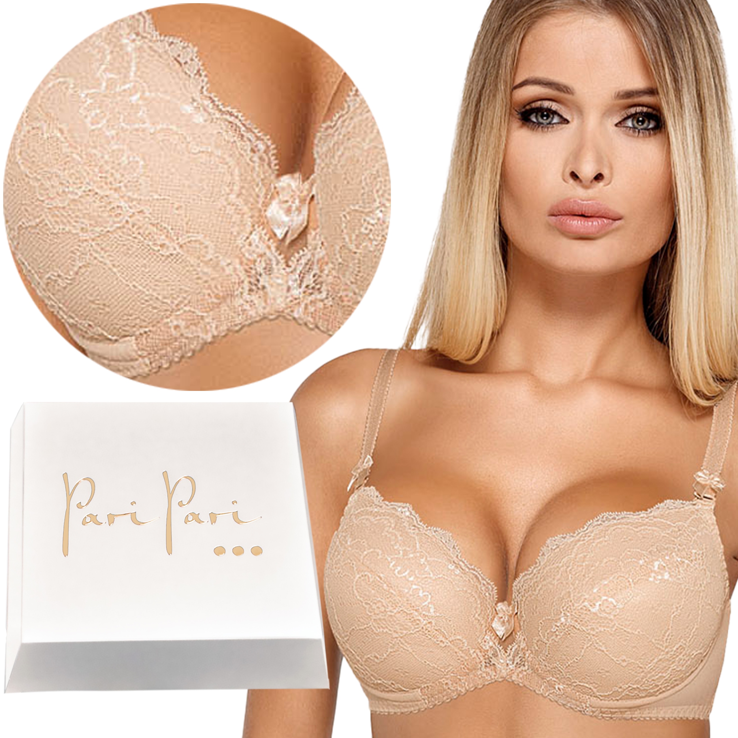 Biustonosz Push Up Koronkowy Stanik Modelujący Wkładki Beżowy 70B