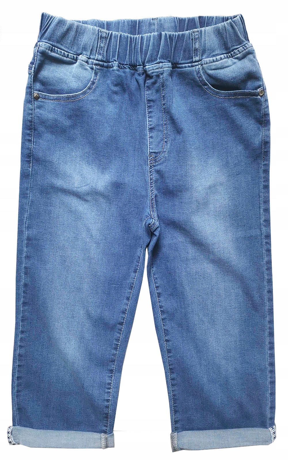 RYBACZKI SPODENKI DAMSKIE DO KOLAN NA GUMIE DUŻE ROZMIARY JEANSOWE SZORTY Model bermudy w gumkę letnie z gumą w pasie na lato duży