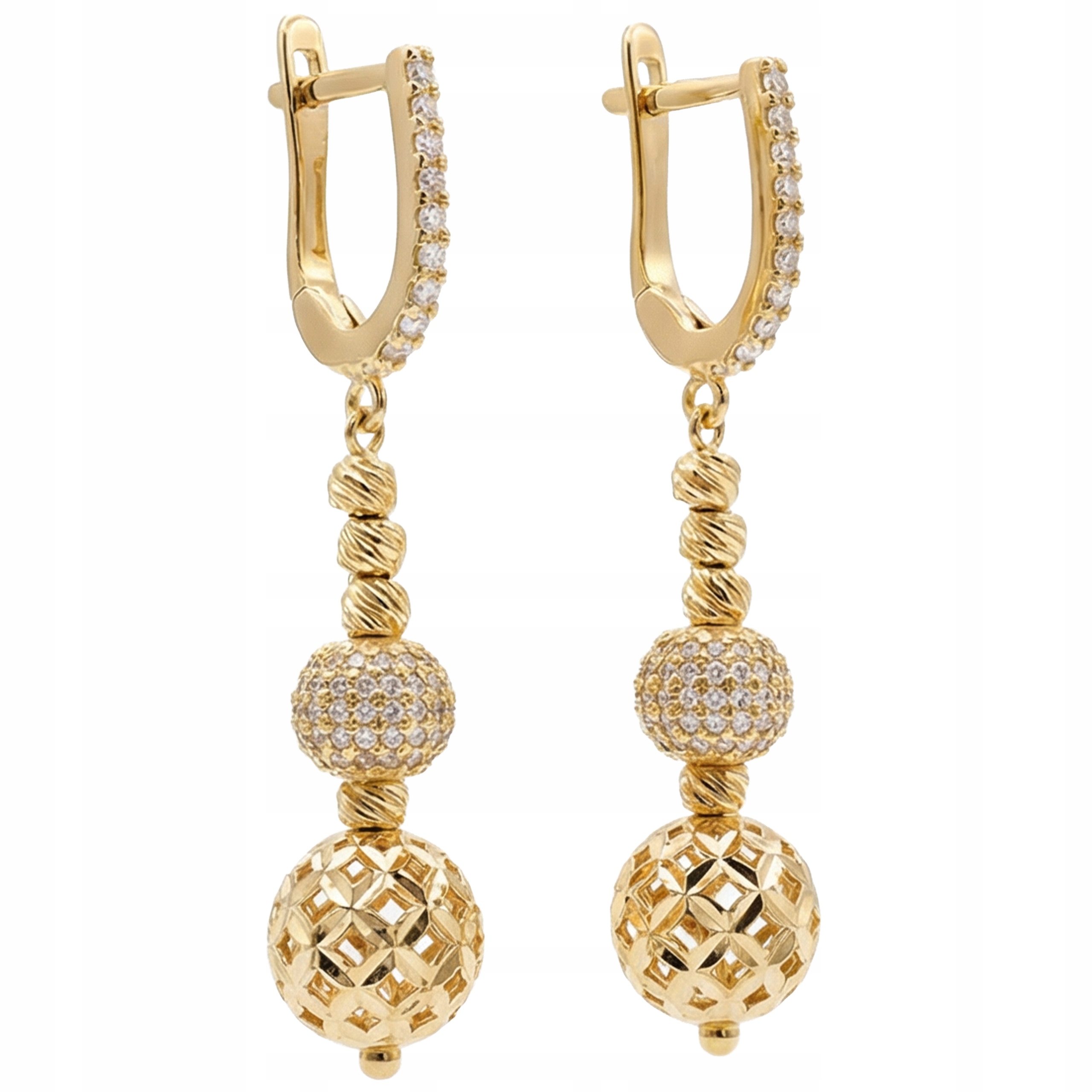 Závěsné zlaté náušnice 585 s kuličkami a zirkony na anglickém zapínání