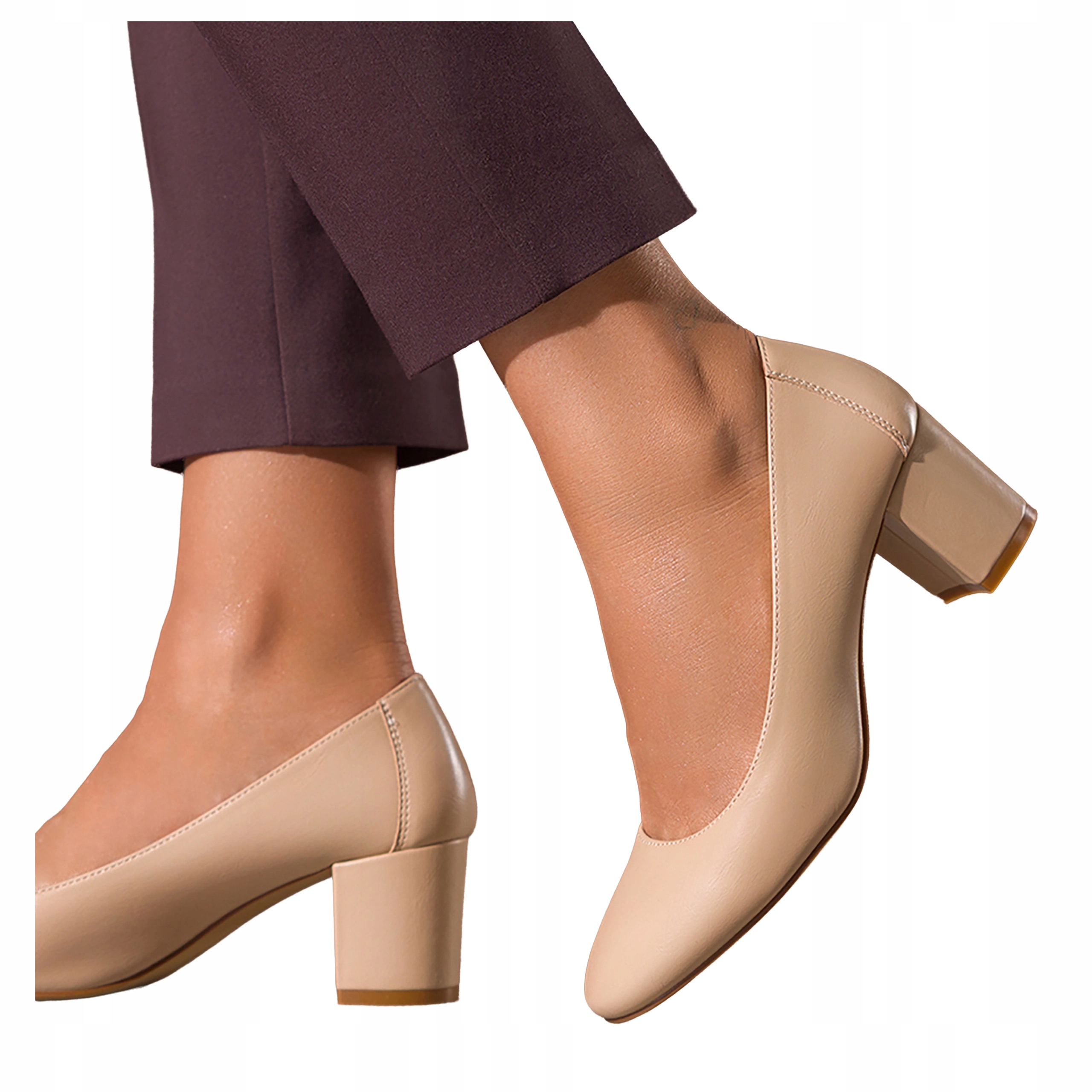 Ciemnobeżowe Czółenka Damskie Skórzana Wkładka Klasyczne Na Słupku r 41