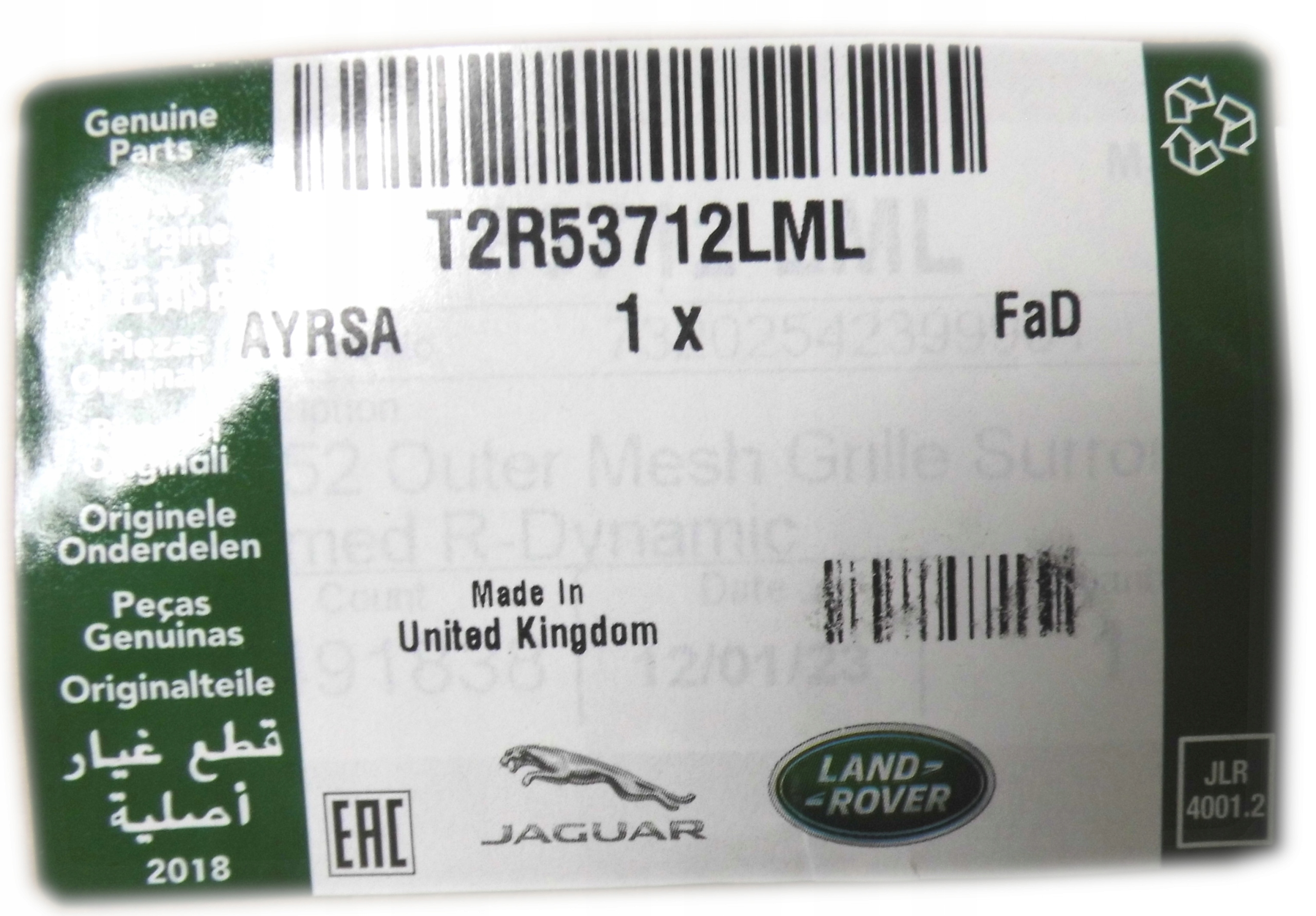 WYKOŃCZENIE ŚWIATEŁ PRZECIWMGIELNYCH JAGUAR F-TYPE 2021-2024 OE Producent części Jaguar OE