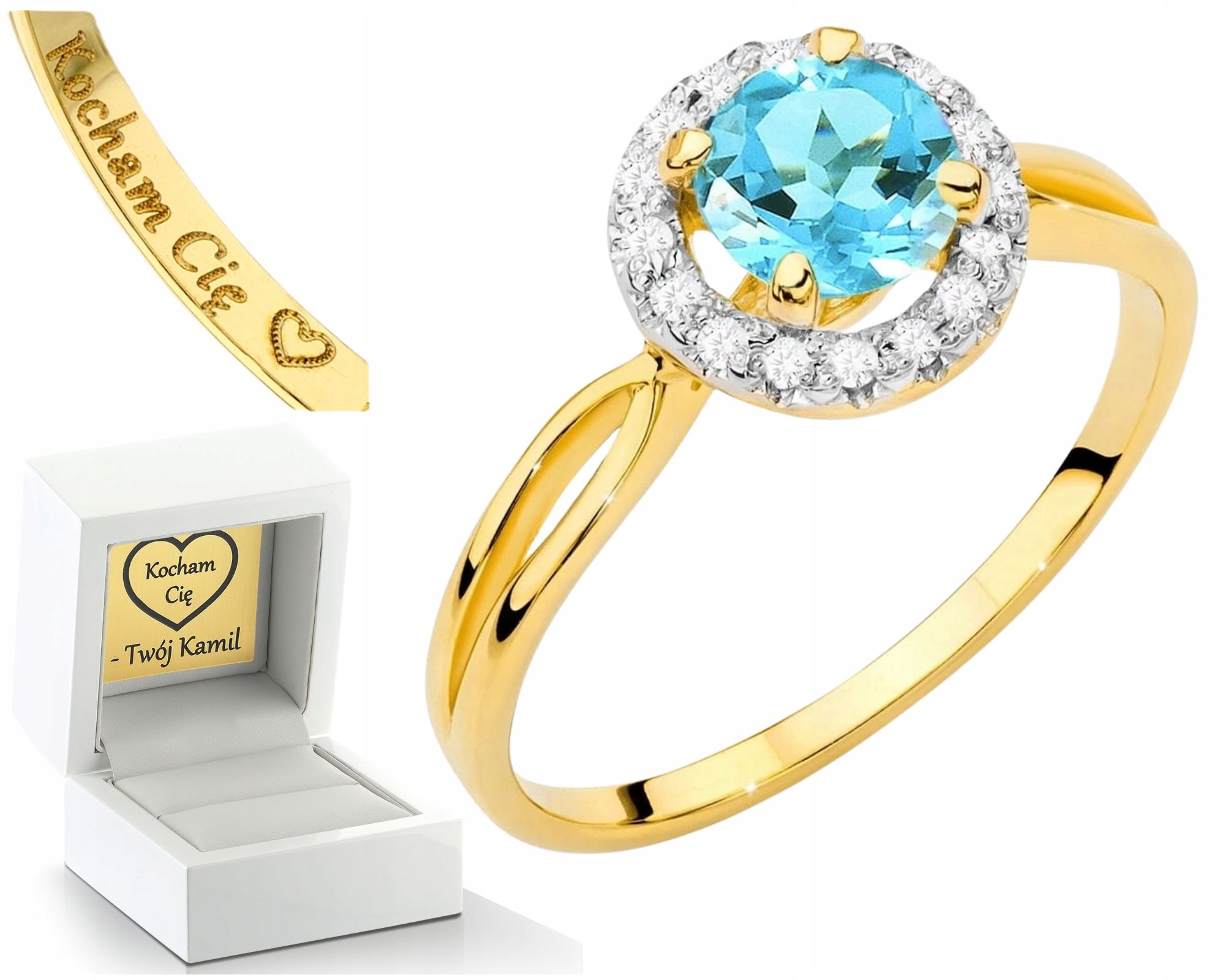 Prstýnek Prsten S Topazem A Diamanty 585 Zlato 14K Jako Gravírování Dárek