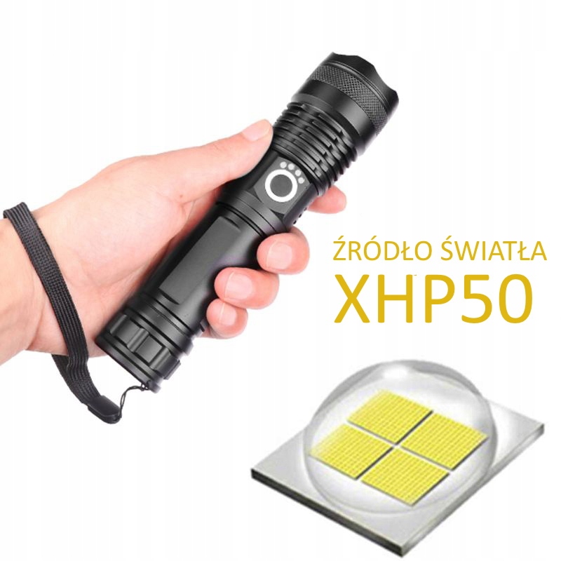 

Latarka taktyczna Mocna Cree XHP50 Aku 26650 + ład