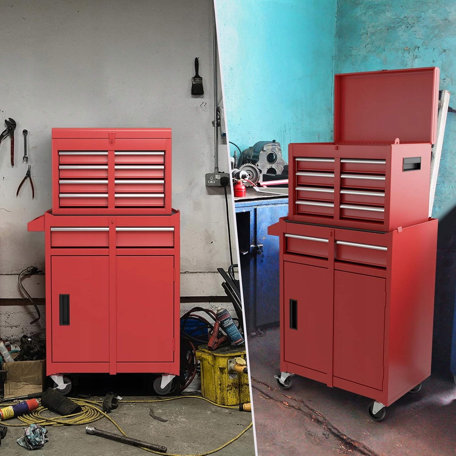 WÓZEK WARSZTATOWY SZAFA NA NARZĘDZIA 2w1 8 PRZEGRÓDEK Szerokość produktu 59 cm