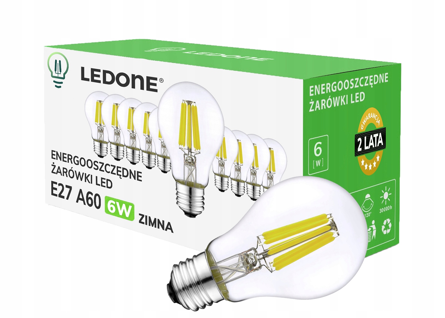 10x Żarówka Led filament E27 A60 6W biała Zimna retro Clear Zestaw Ledowy
