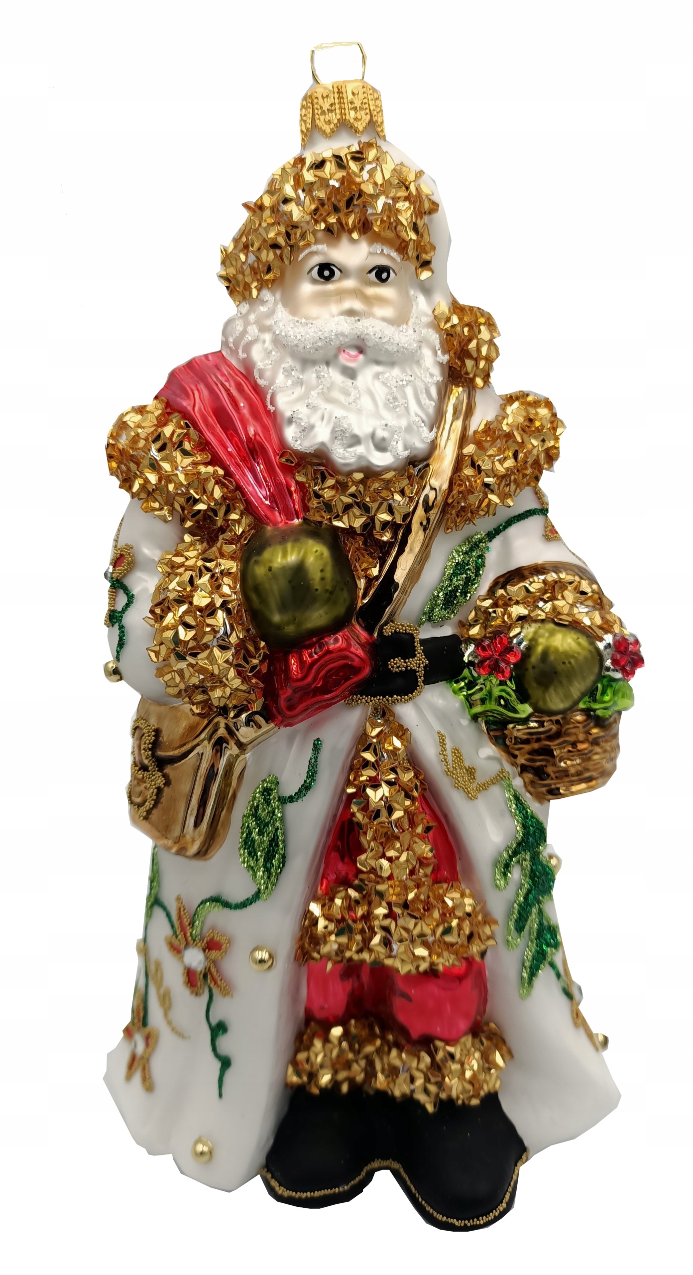 

Bombki Choinkowe Szklane Mikołaj z koszykiem18cm