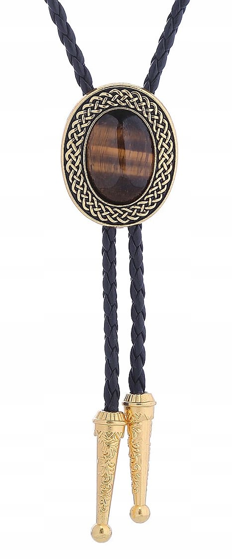 Bolo kravata westernová s kamenem Tygří Oko, pletenina, přírodní kůže