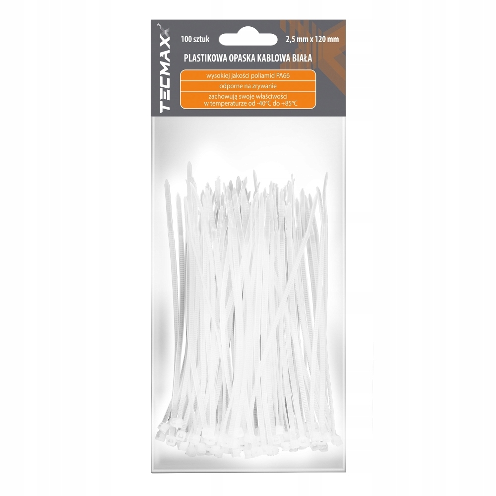 Opaska Kablowa Plastikowa 2.5mm x 120 Tecmaxx Biała 100 sztuk