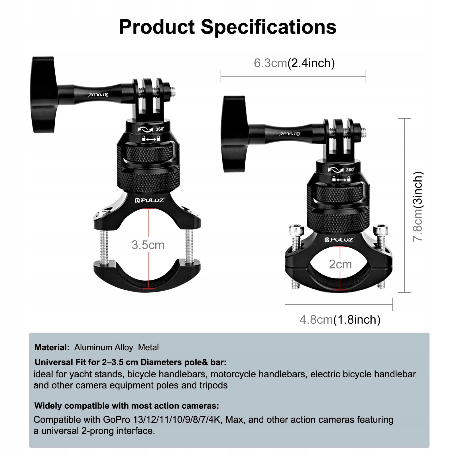 Uchwyt Metalowy Motocykl Kierownica GoPro Hero 13 12 11 10 9 8 Max PULUZ — miniatura 2