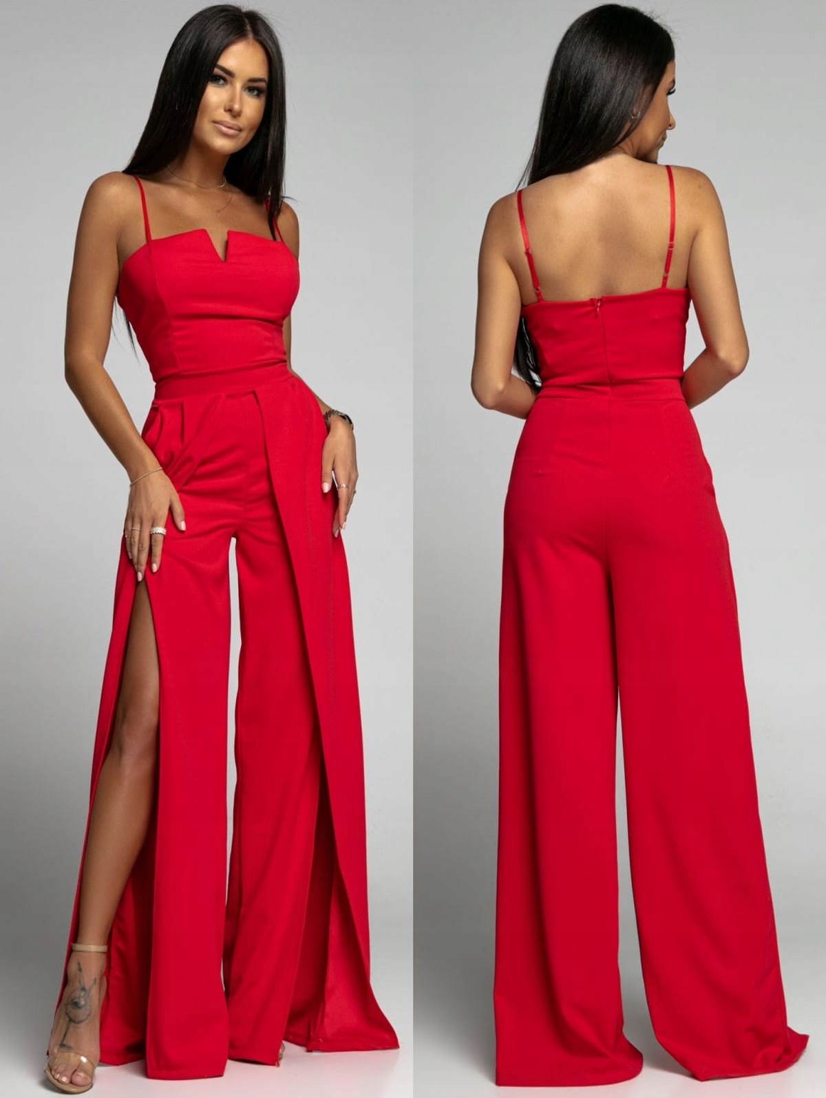 CZERWONY elegancki kombinezon z rozcięciami Marka inna