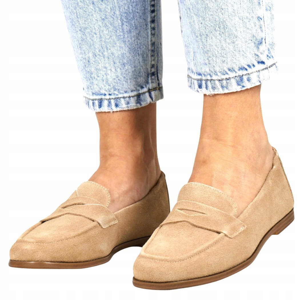 Béžové Semišové Kožené Mokasíny, Ploché Polobotky, Gumička Na Patě