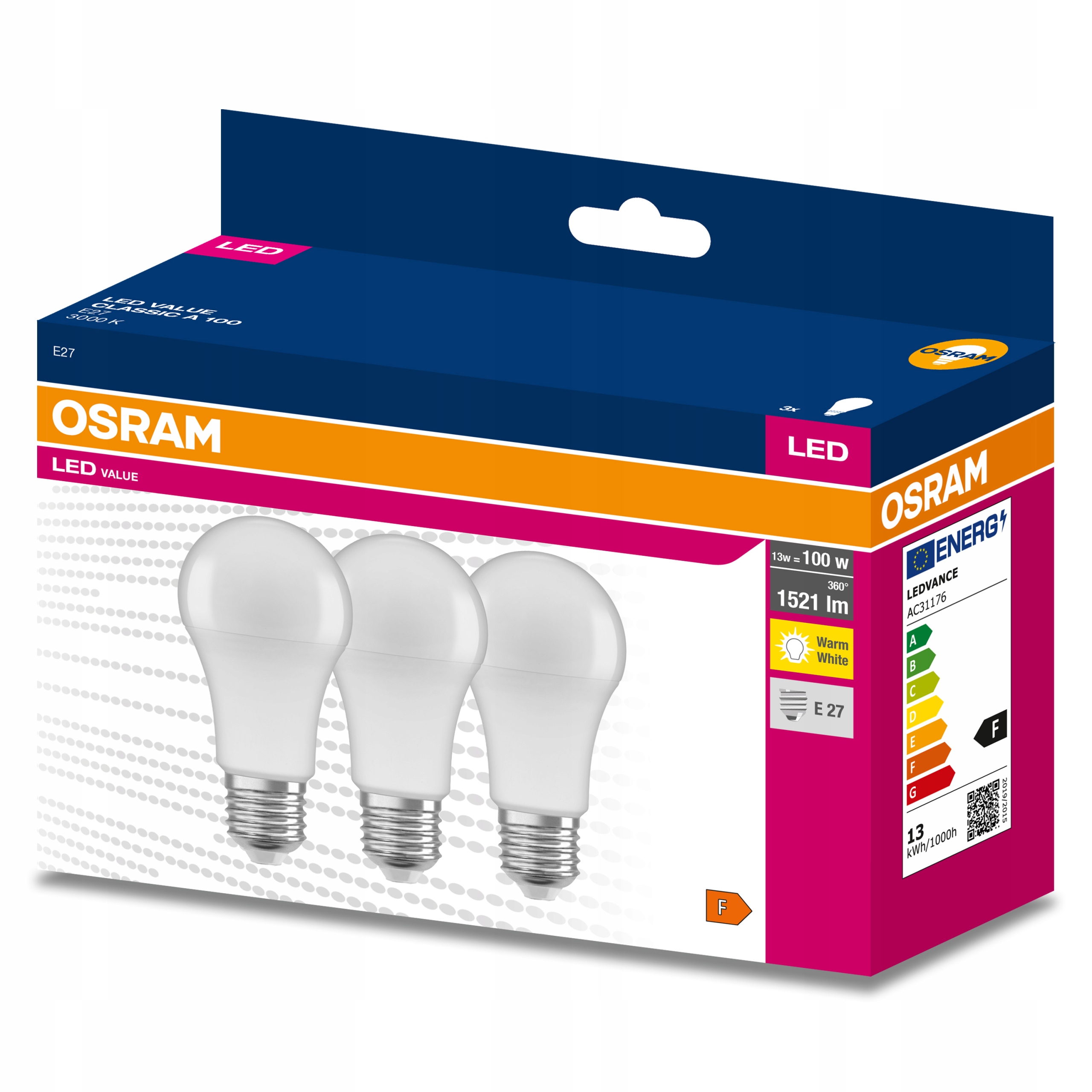 

3x Żarówka Led E27 A60 13W 100W 1521lm 3000K Osram