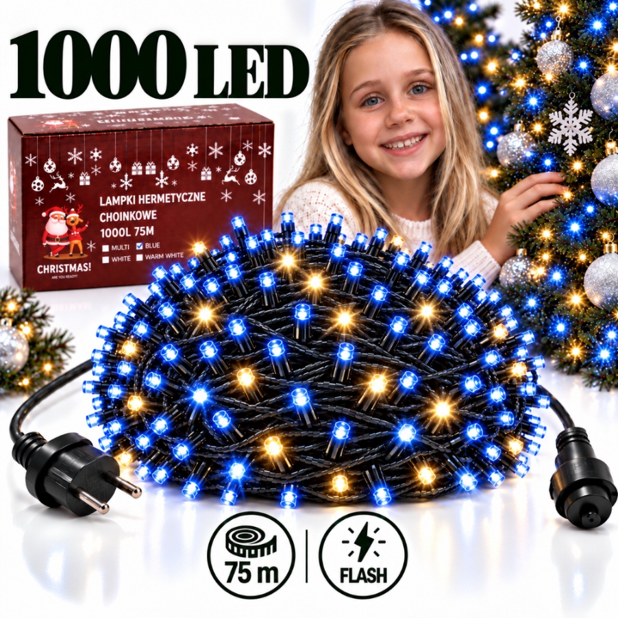 Vánoční Osvětlení Na Stromeček 1000 Led 60,5 M Modré Teplé Bílý Venkovní Flash