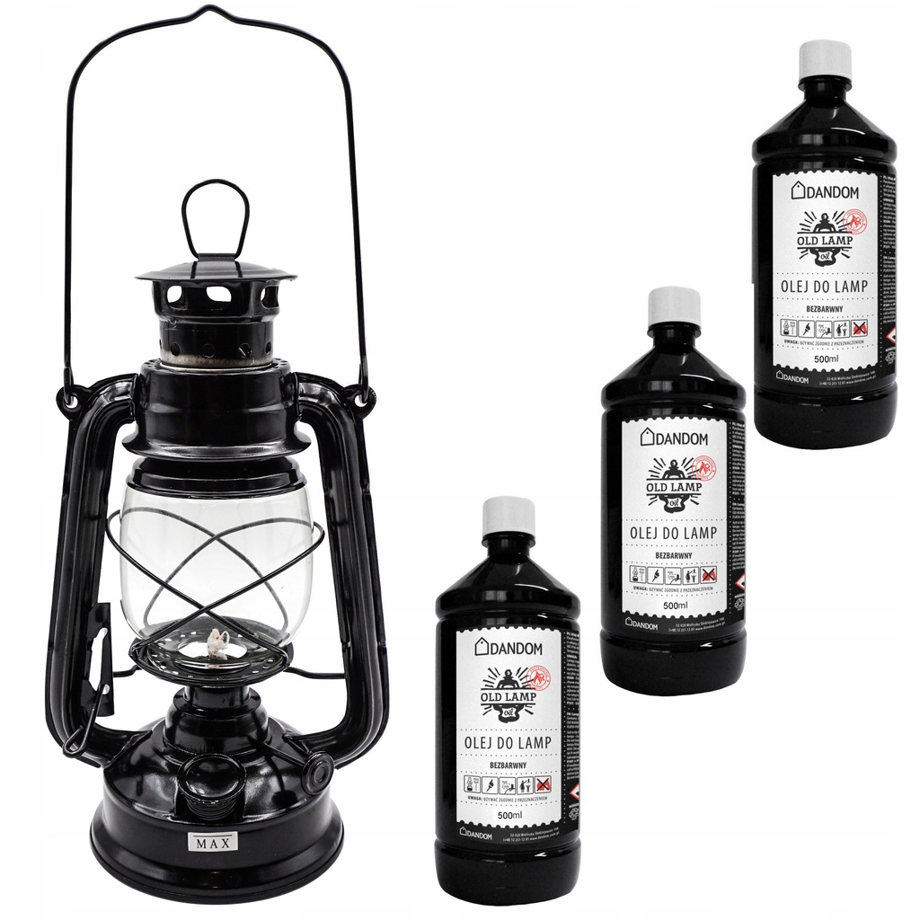 ZESTAW LAMPA NAFTOWA Z KNOTEM + 3xOLEJ 0,5L CZARNA