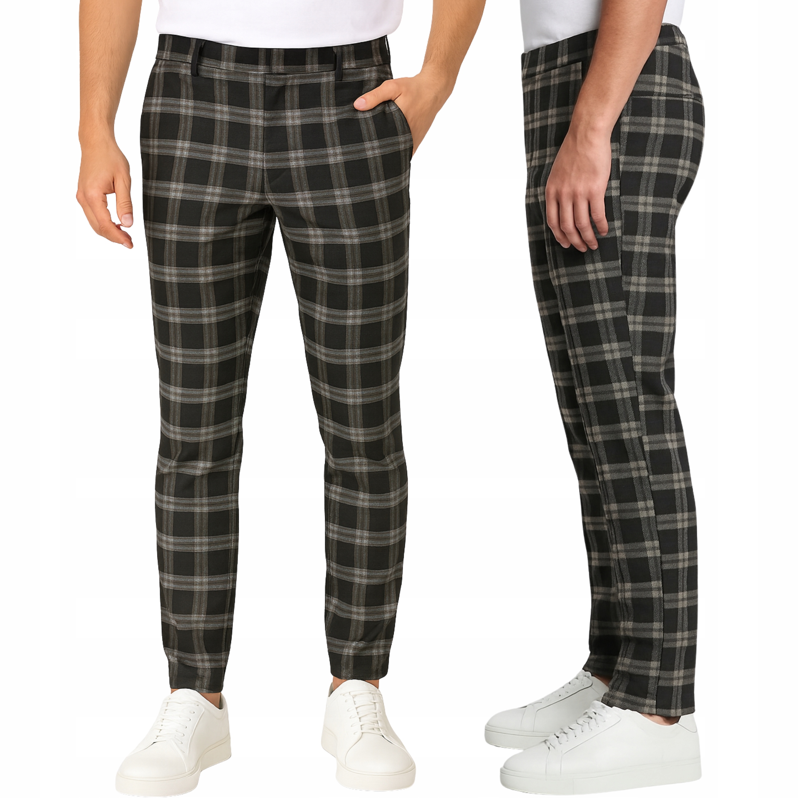 Spodnie męskie w kratę slim fit spodnie casual wizytowe czarne