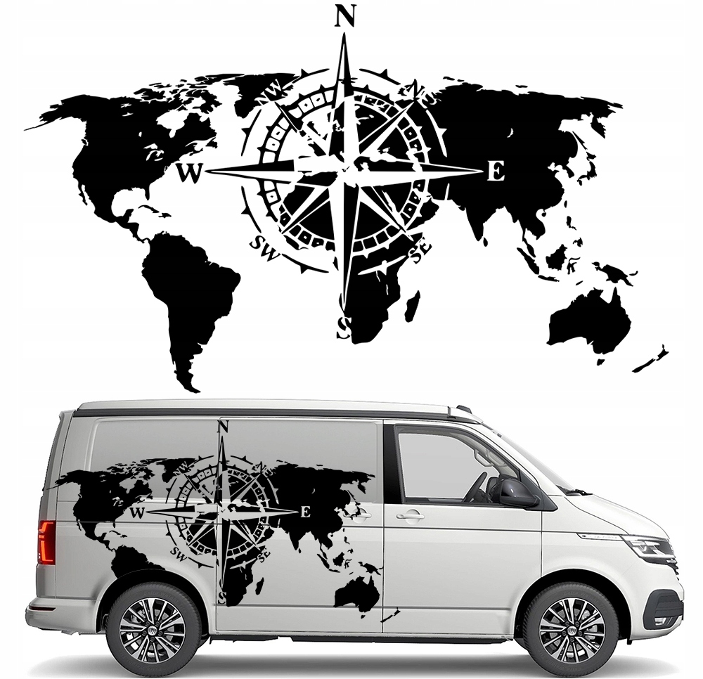 Nalepka Grafika na karavanu Mapa Světa Kompas Růže Větrů 90x150