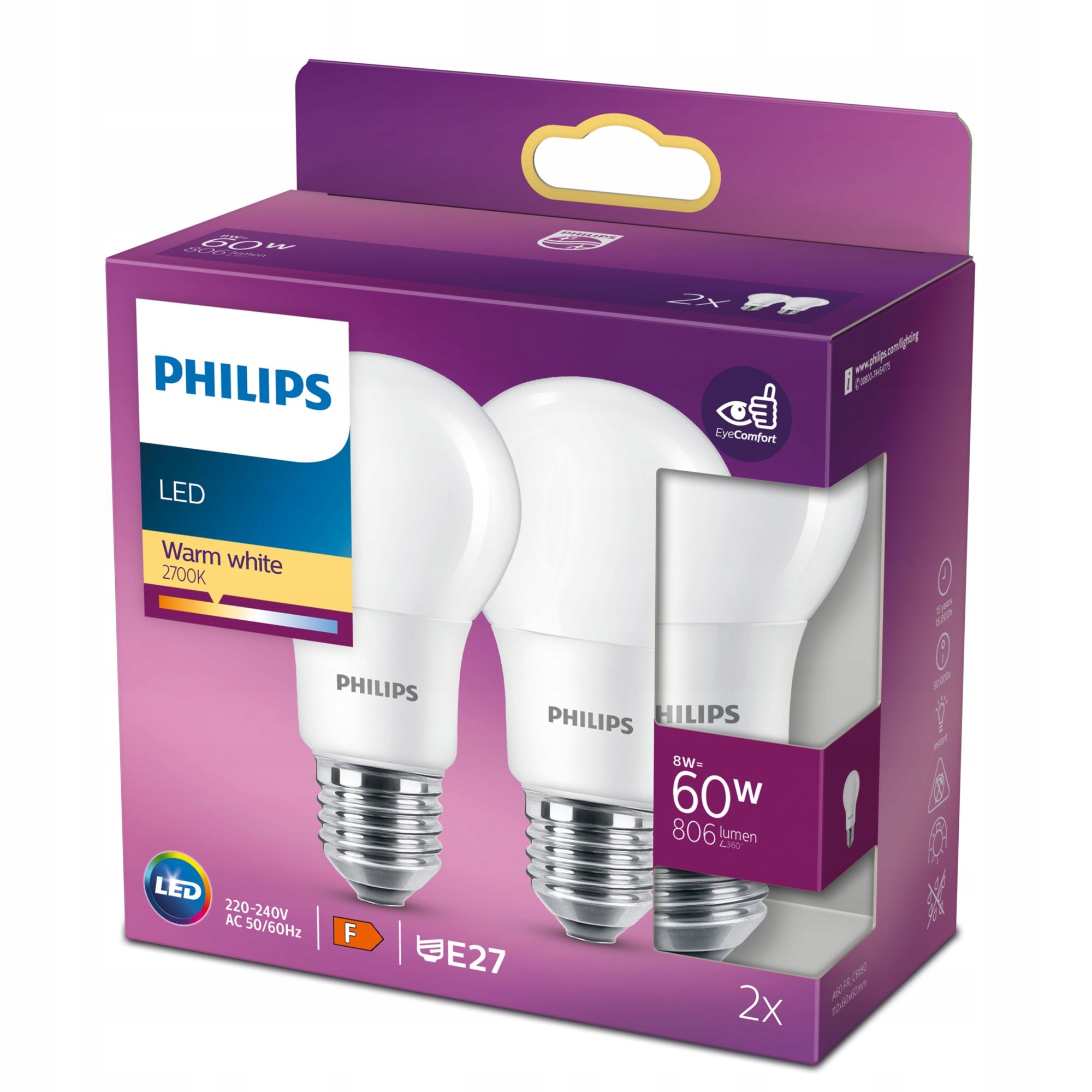 Żarówka LED E27 PHILIPS 60W 806lm 2700K 2 sztuki