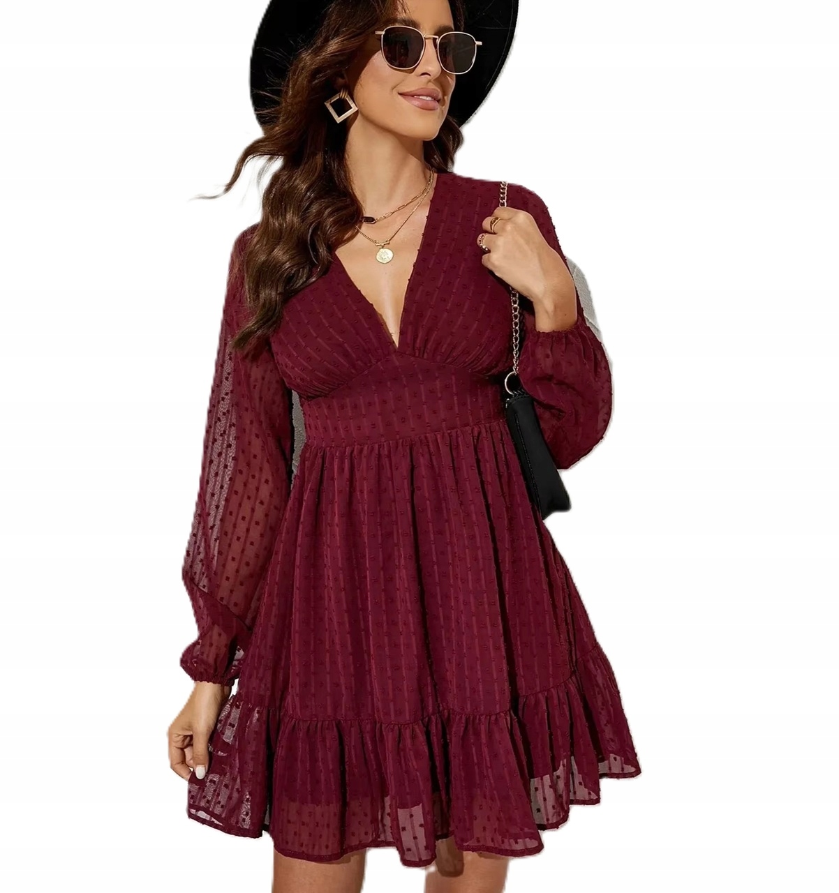 Sukienka damska rozkloszowana długi rękaw mini dekolt w szpic bordowa