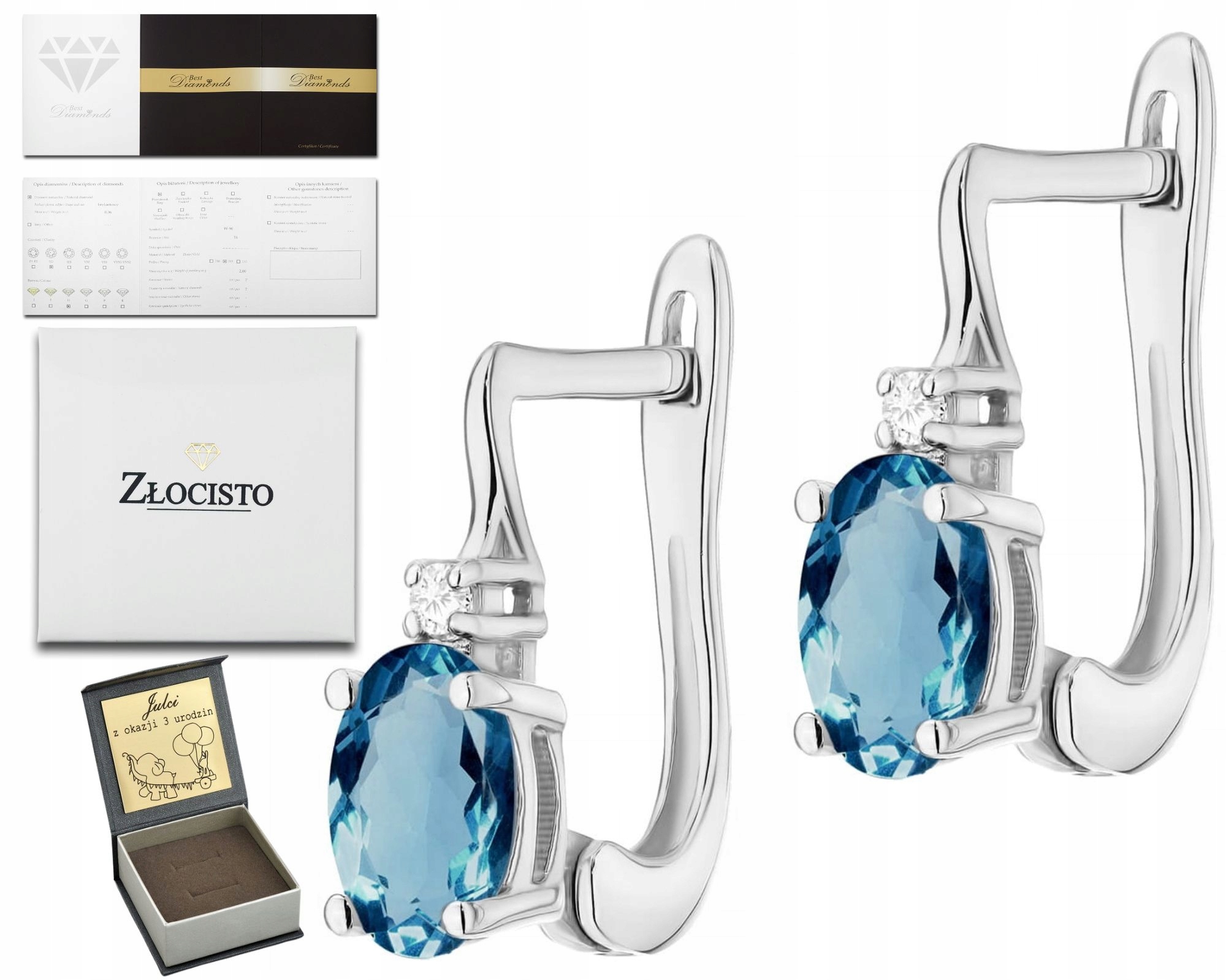 Náušnice Z Bílého Zlata 585 S Diamantem Přírodní Kámen Topaz London Blue