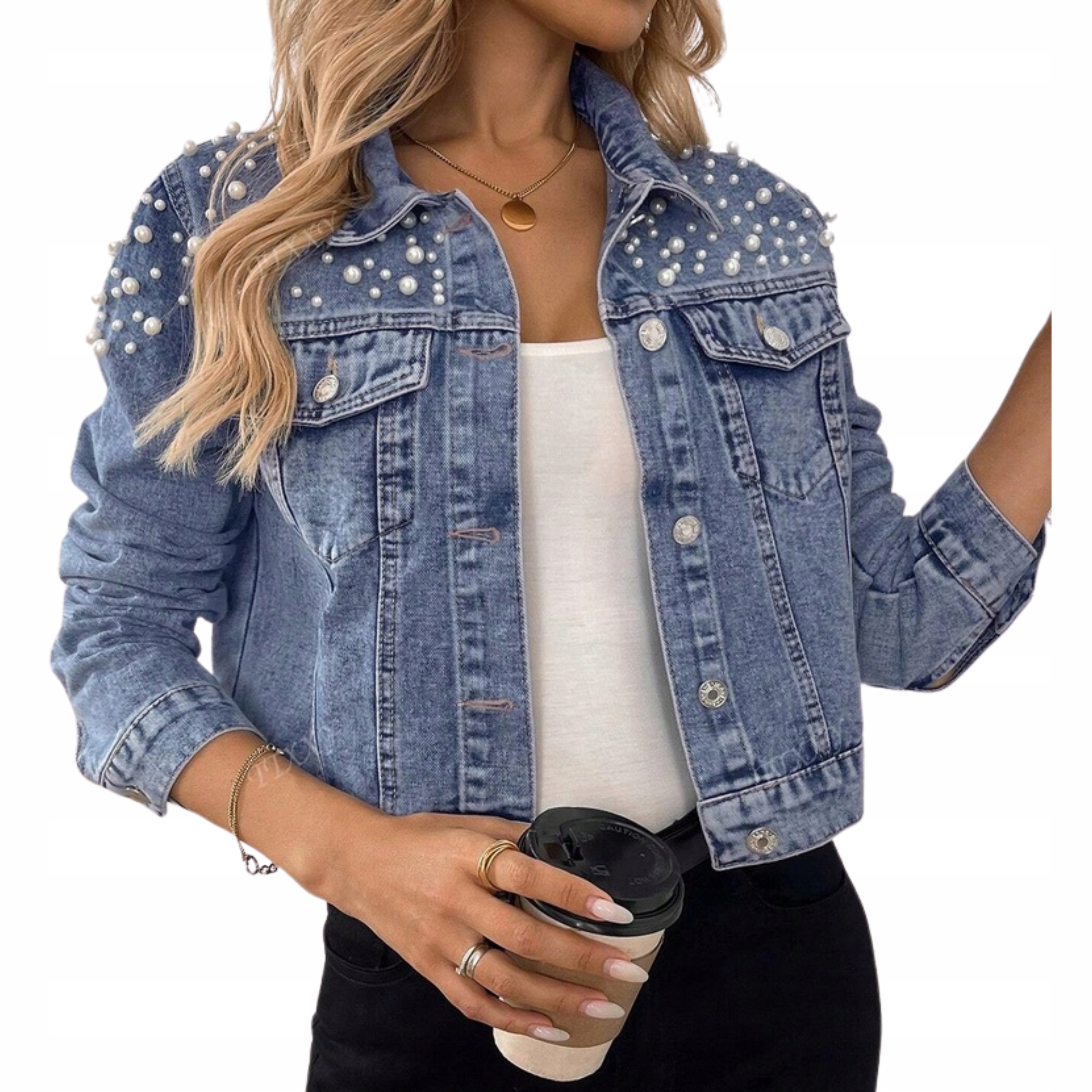 Damska kurtka jeansowa katana z perełkami ozdobna krótka jesienna niebieska