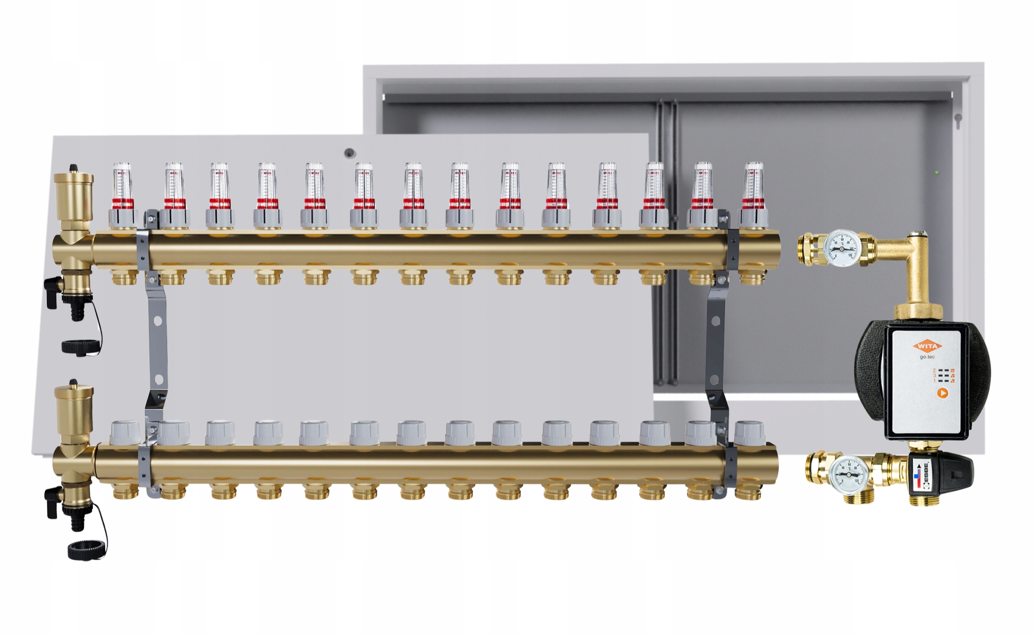 Rozdeľovač podlahy 14 okruhov s čerpacou skupinou Wita nástenná skrinka
