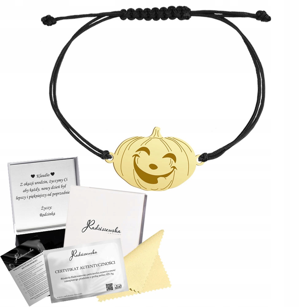 Zlatý náramek Dýně na Halloween 925 Šňůra Dárek Gravírování Přání