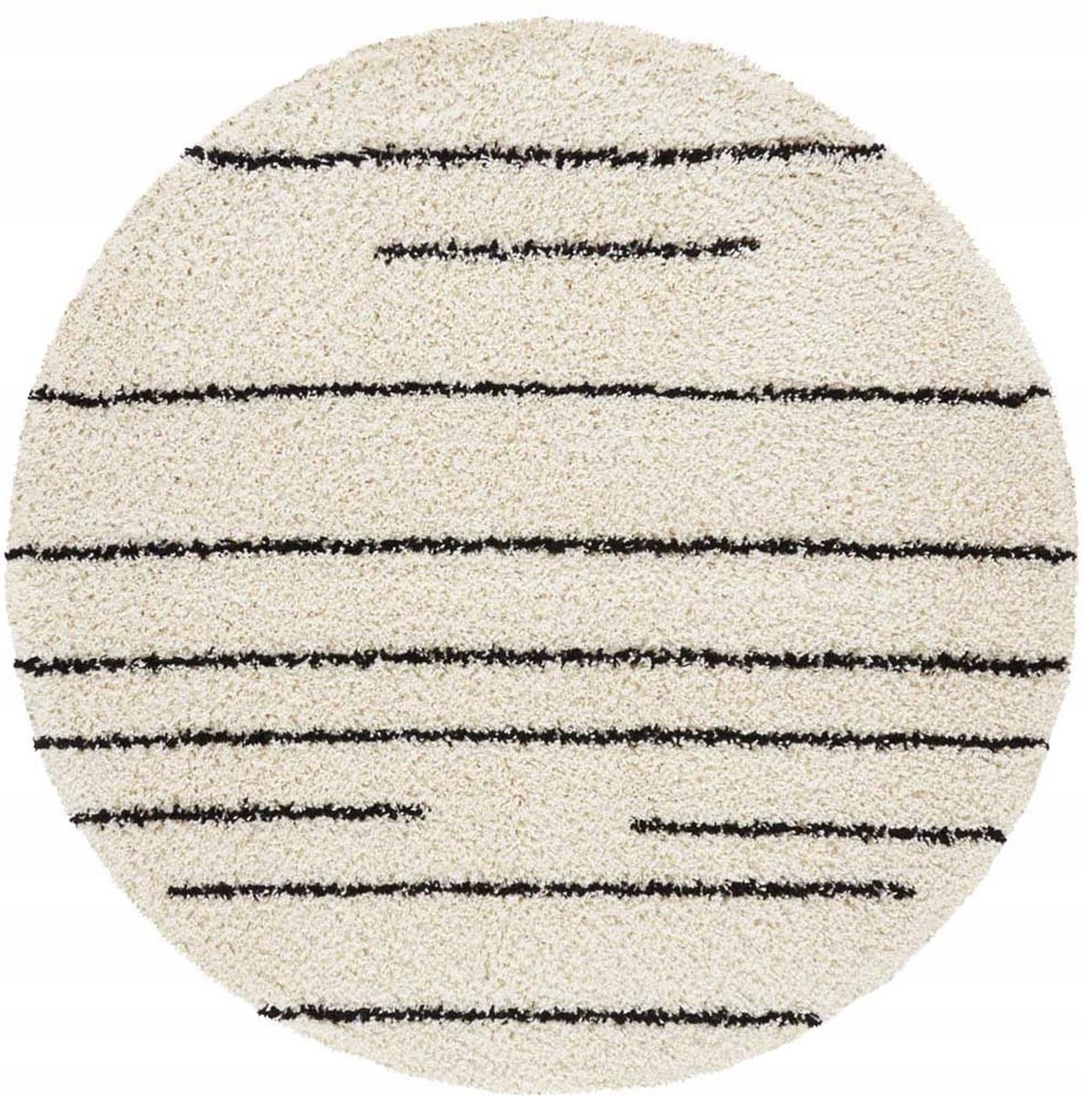 Kruhový koberec shaggy 160 cm, krémovo čierny vzor boho s mäkkým vlasom