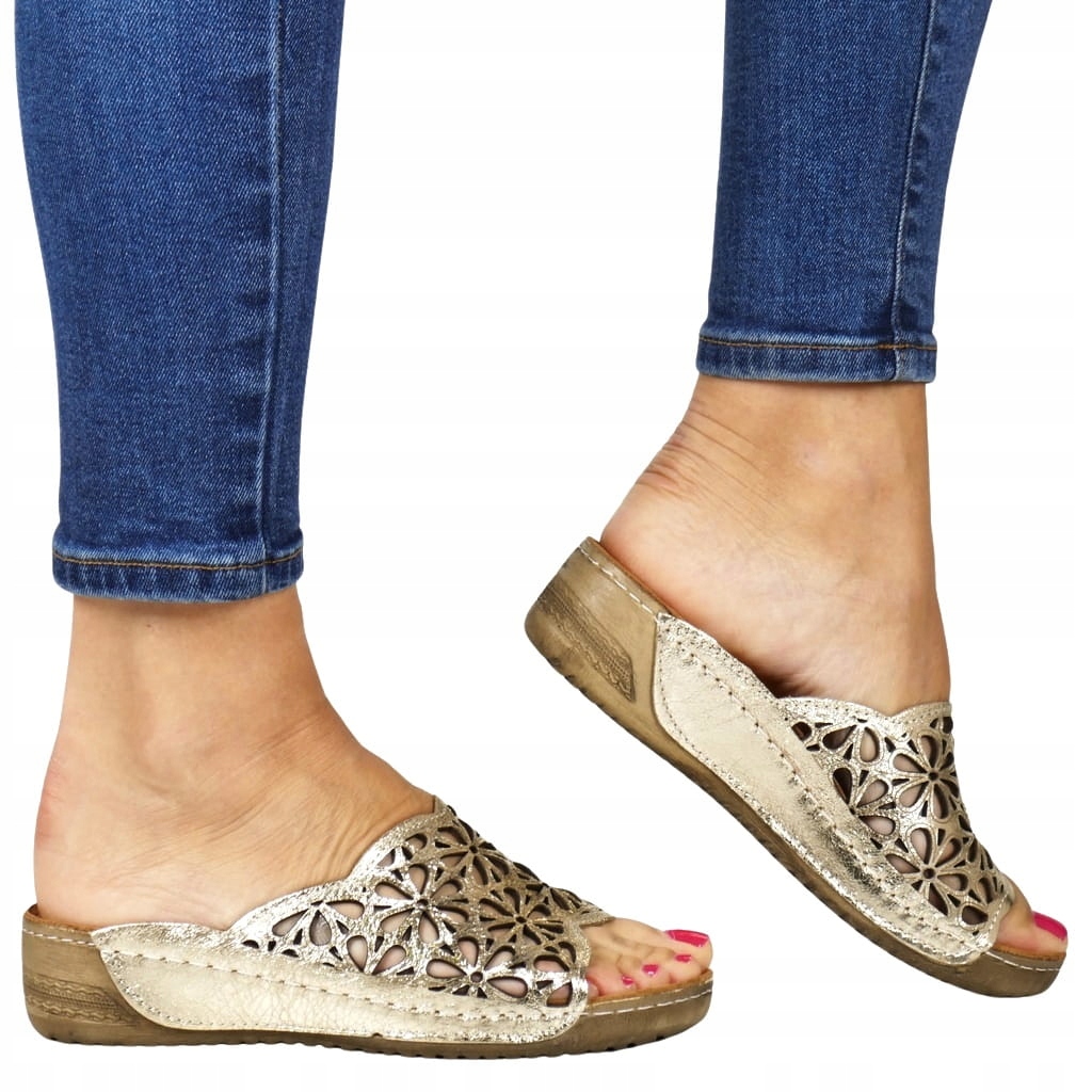 Zlaté Žabky Z Přírodní Kůže Ažurové, Měkké, Pohodlné, Koturna Pohodlné