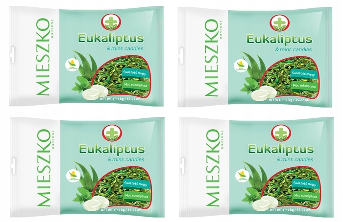 Levně 4x 1kg Mieszko Eukalyptovo- Máta osvěžující bonbóny , Polovice Kartonu