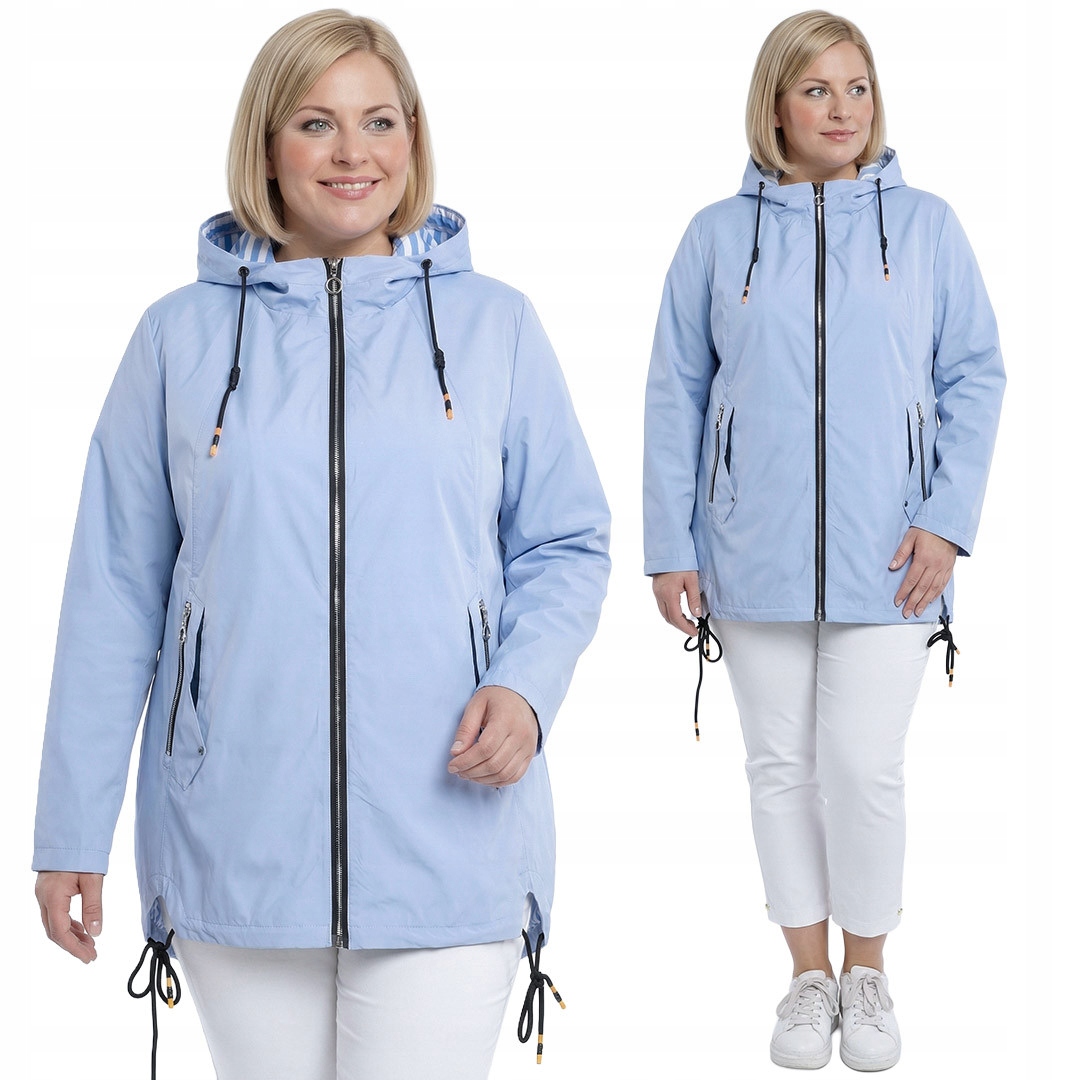 Světle modrá bunda se šňůrkami a vzorem na kapuci plus size velikost 64