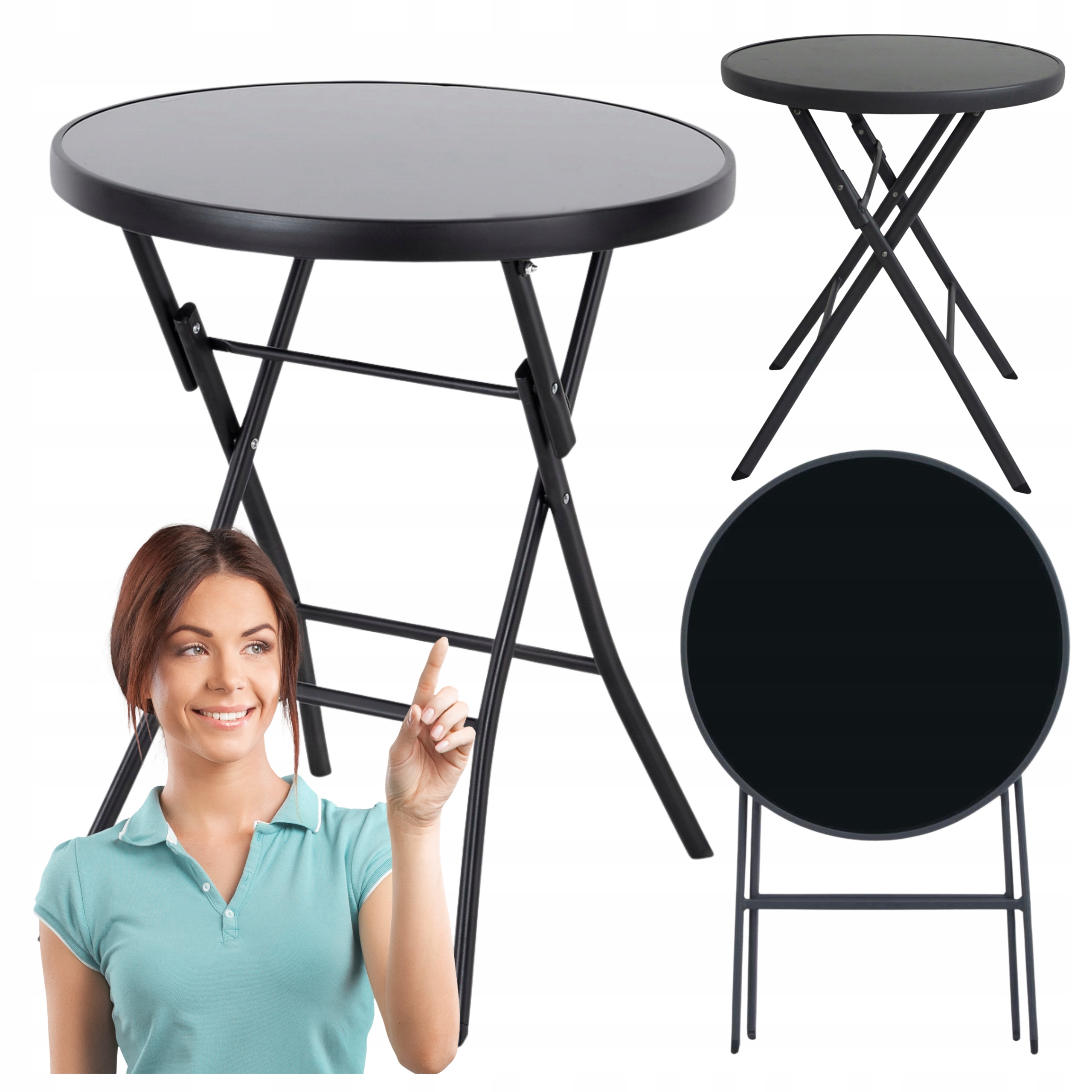 Stół Stolik Ogrodowy Składany Szklany 60 cm Okrągły Na Taras Balkon Czarny