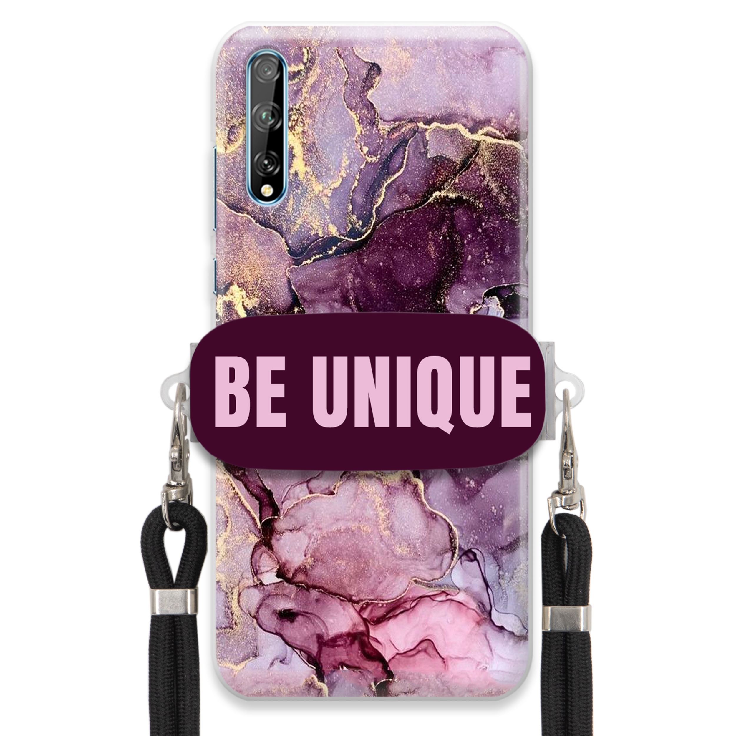 Pouzdro pro Huawei Y8P úchytka na šňůrku, černá fialová barva, mramor