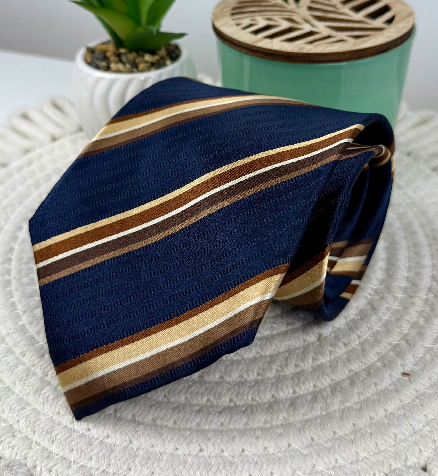 Pánská kravata K&d Tmavě modrá Hnědá Pásky Hedvábí