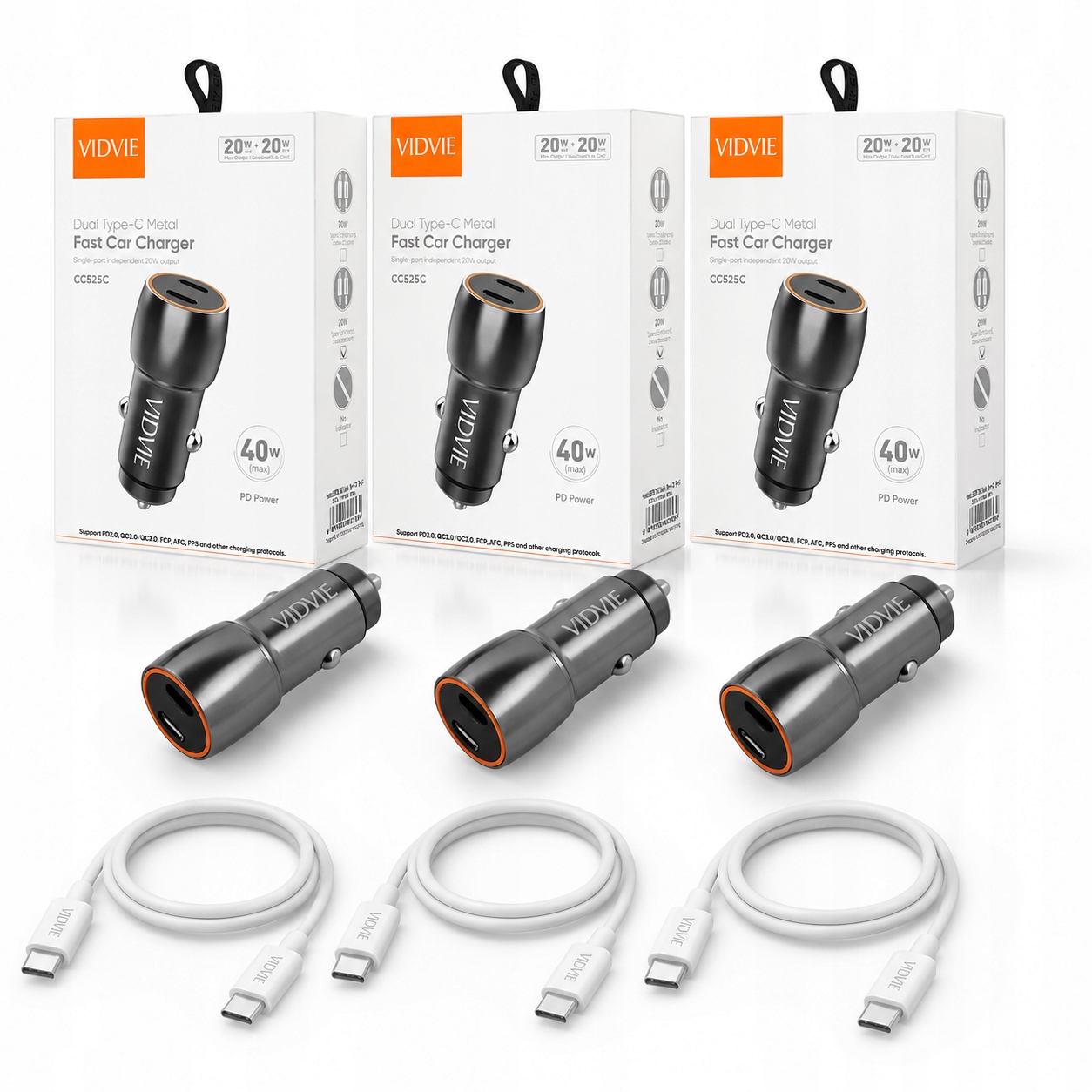 3-PAK Automobilová 2x Usb-c kabel Usb-c na Usb-c Vidvie CC525C