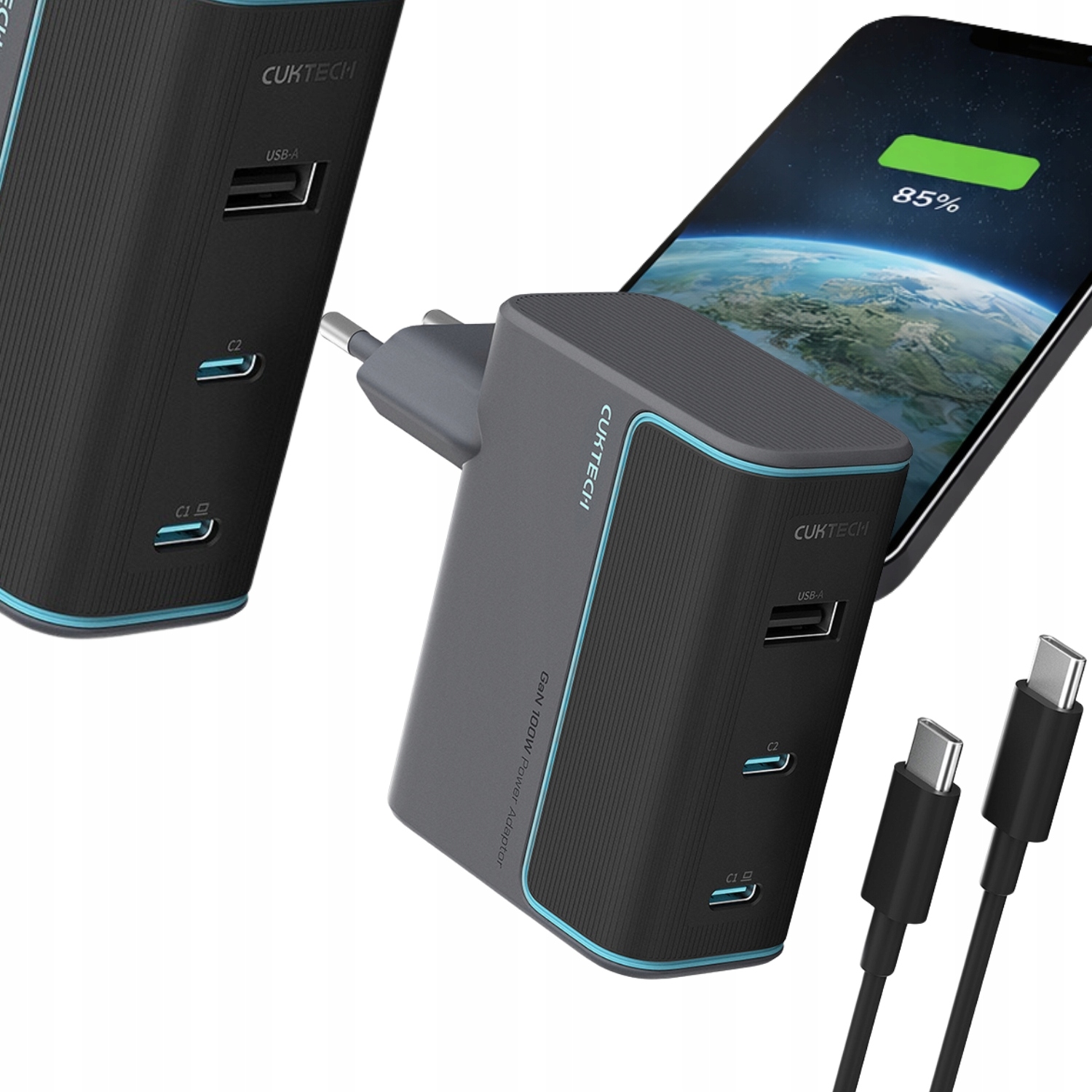 Szybka Ładowarka Sieciowa GaN 100W 2x Usb-c 1x Usb-a Z Kablem Usb-c Cuktech