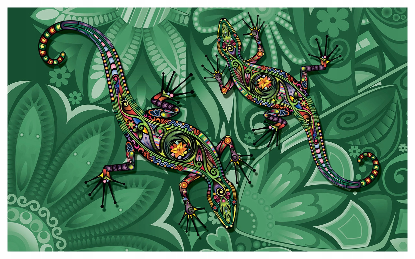 Fototapeta flizelina Ještěrky na zeleném pozadí s barevnými plazy 368x254 lepidlo