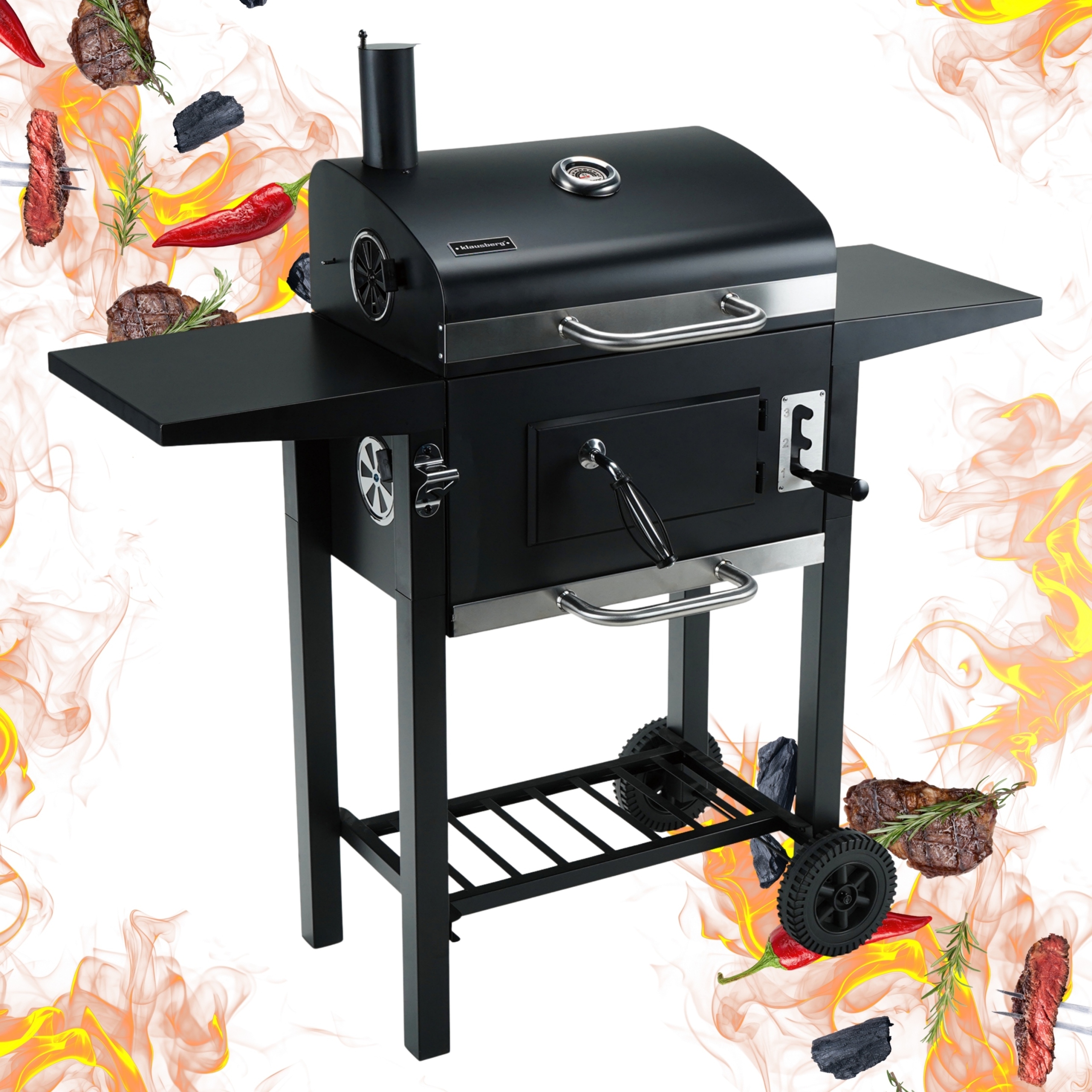 Zahradní gril na dřevěné uhlí s komínovým teploměrem Bbq police, Klausberg