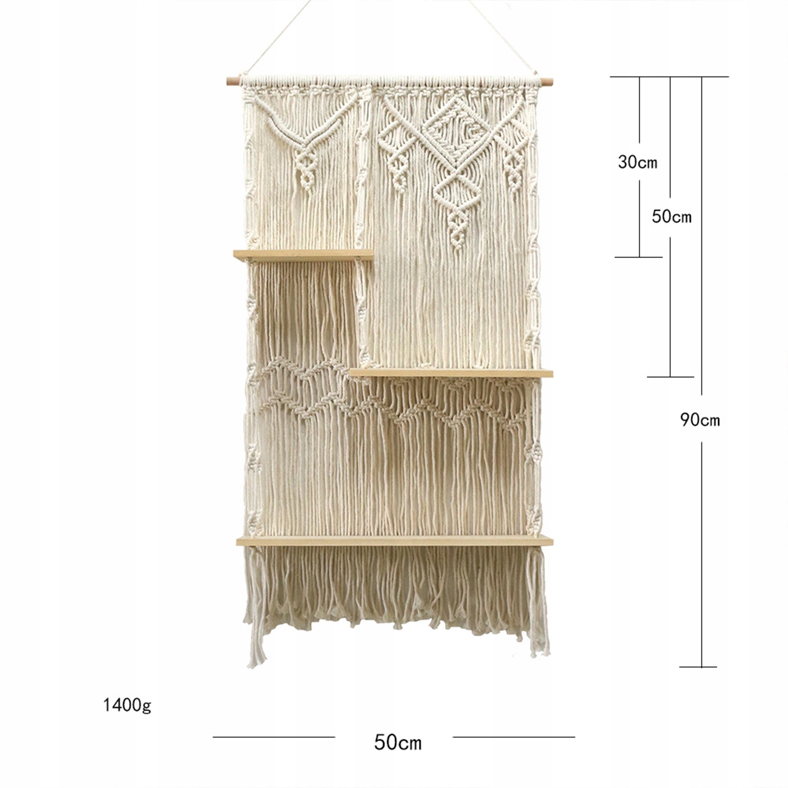 PÓŁKA WISZĄCA MAKRAMOWA Z MAKRAMĄ, RĘCZNIE TKANA PÓŁKA WEWNĘTRZNA Długość 50 cm